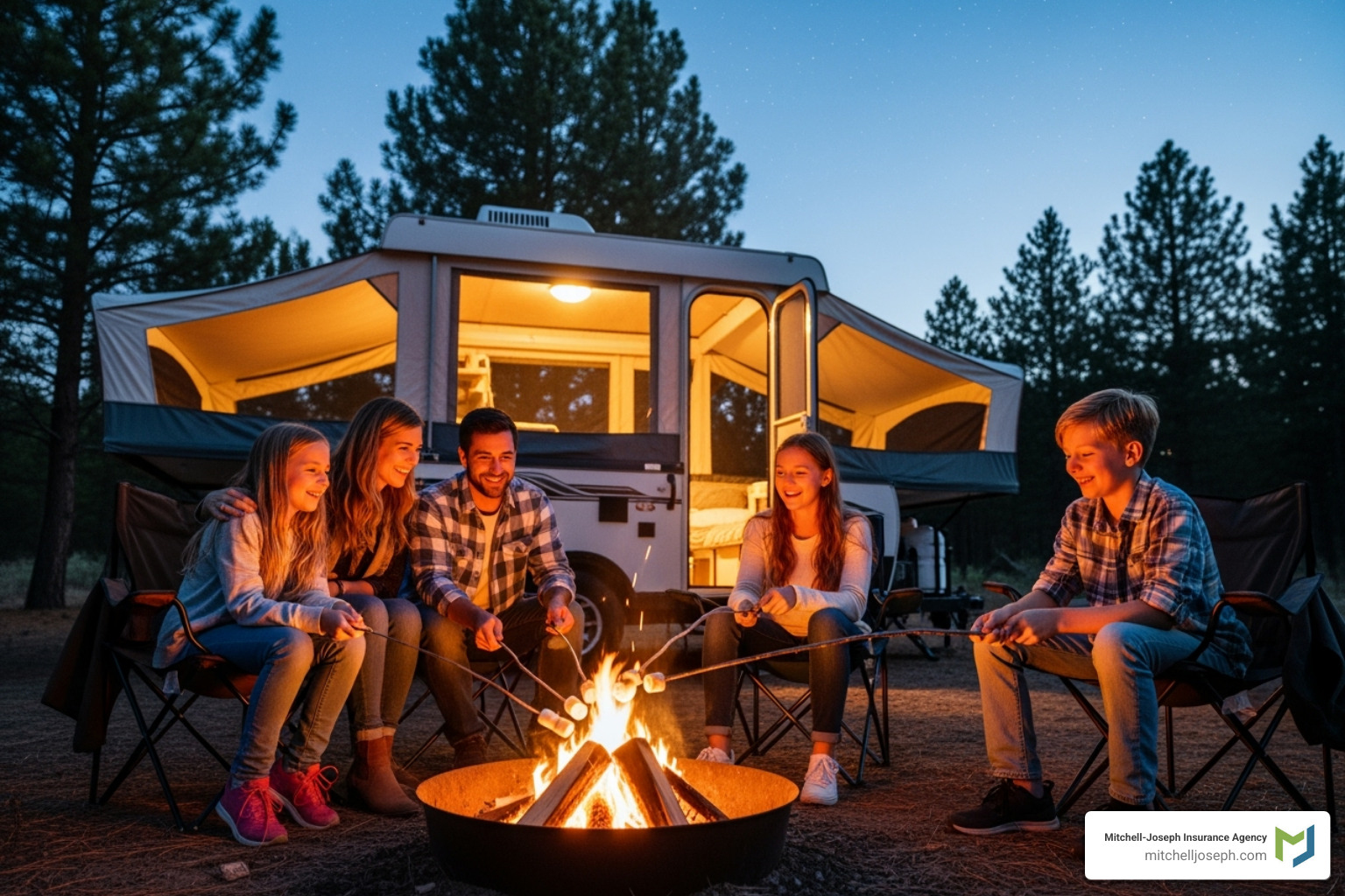 Image of a family smiling and enjoying a campfire next to their pop-up camper - average cost of insurance for pop up camper