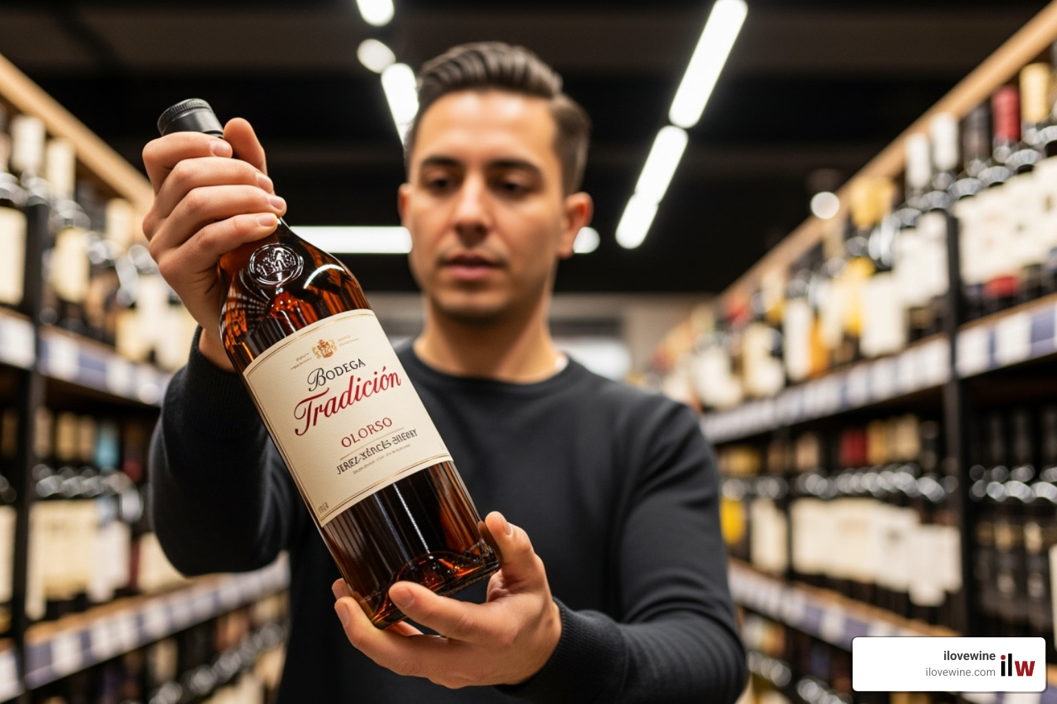 person examining sherry bottle - cheap dry sherry for cooking