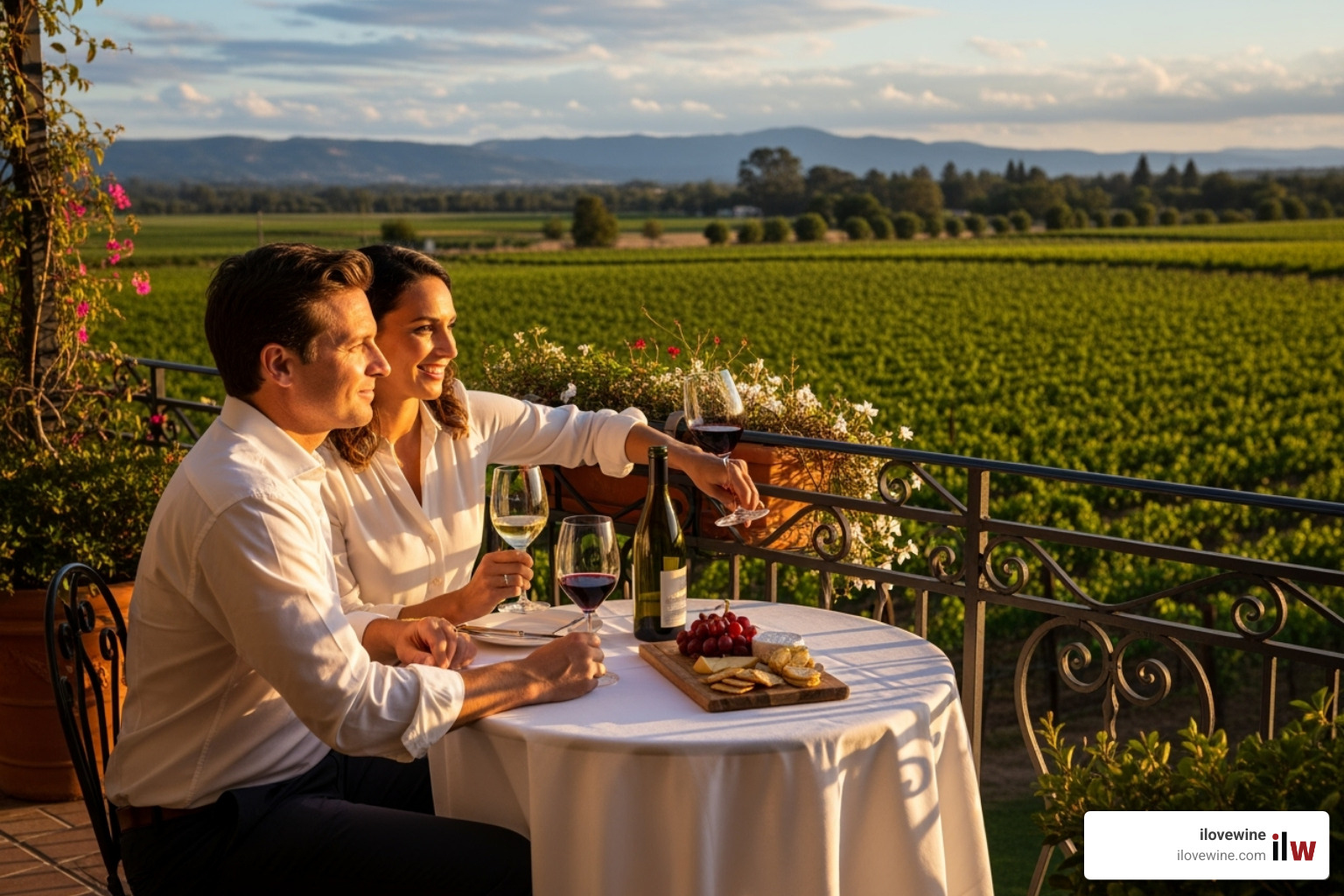 couple enjoying wine on a private balcony with vineyard views - Luxury travel California
