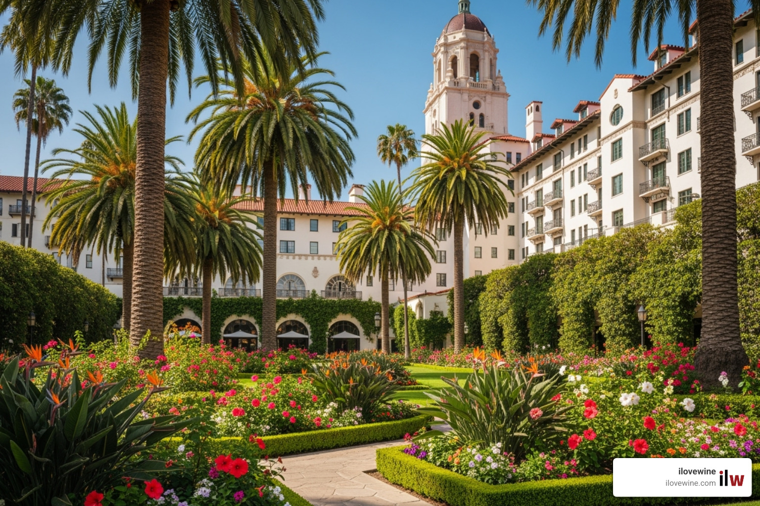 lush garden and iconic architecture at a legendary Southern California hotel - Luxury travel California