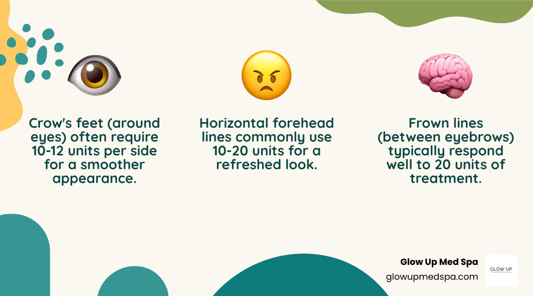 Infographic of FDA-approved Botox treatment areas with unit guidelines for crow’s feet, frown lines, and forehead at Glow Up Med Spa.