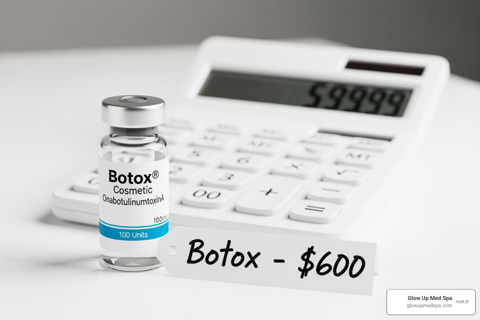 Price tag or calculator next to a Botox vial - Botox specials Costa Mesa Price tag or calculator next to a Botox vial - Botox specials Costa Mesa