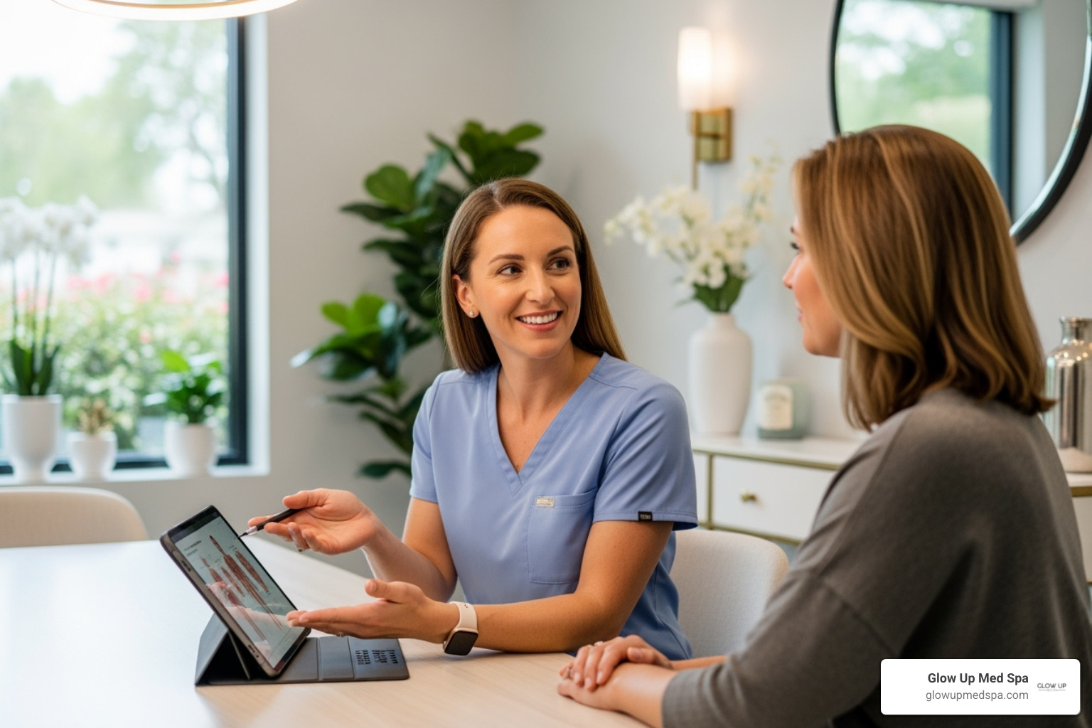 Friendly, professional injector consulting with a patient in a clean, modern med spa - Botox specials Costa Mesa Friendly, professional injector consulting with a patient in a clean, modern med spa - Botox specials Costa Mesa