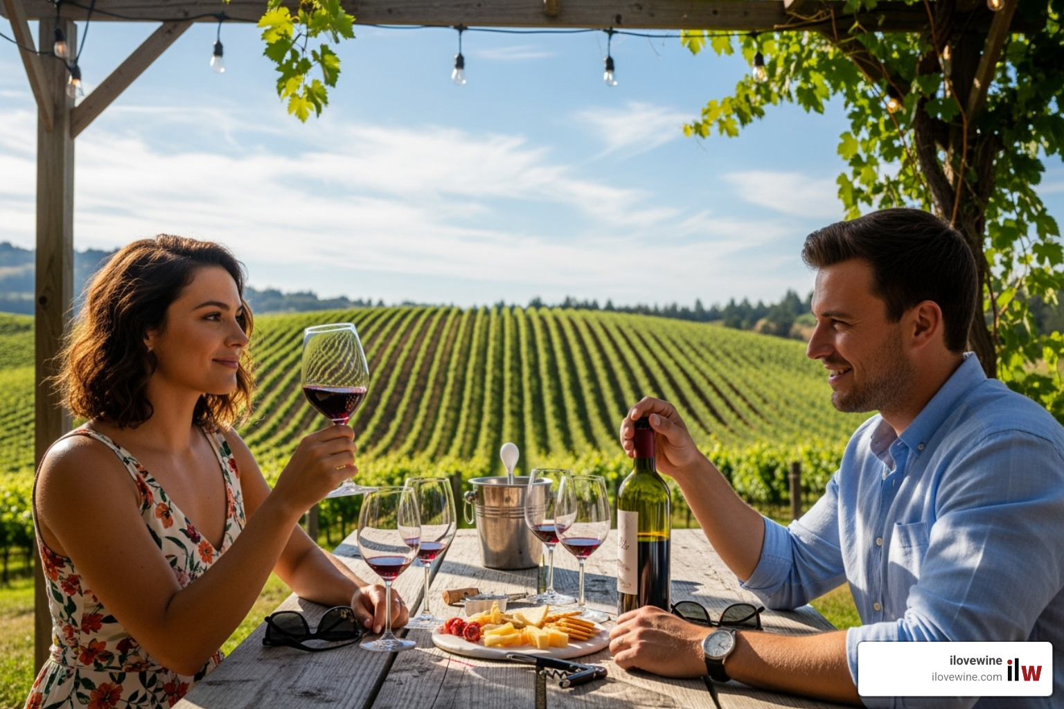 Image of a couple enjoying a wine tasting with a scenic view. - California wine country