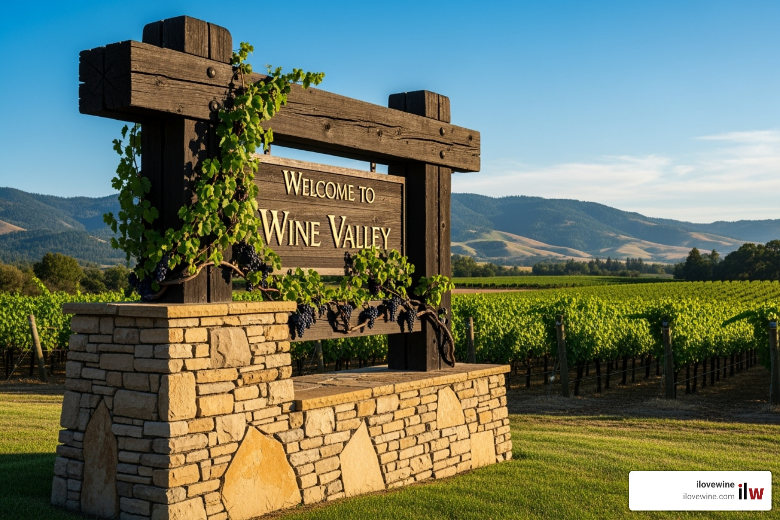 Image of the iconic "Welcome to Napa Valley" sign. - California wine country