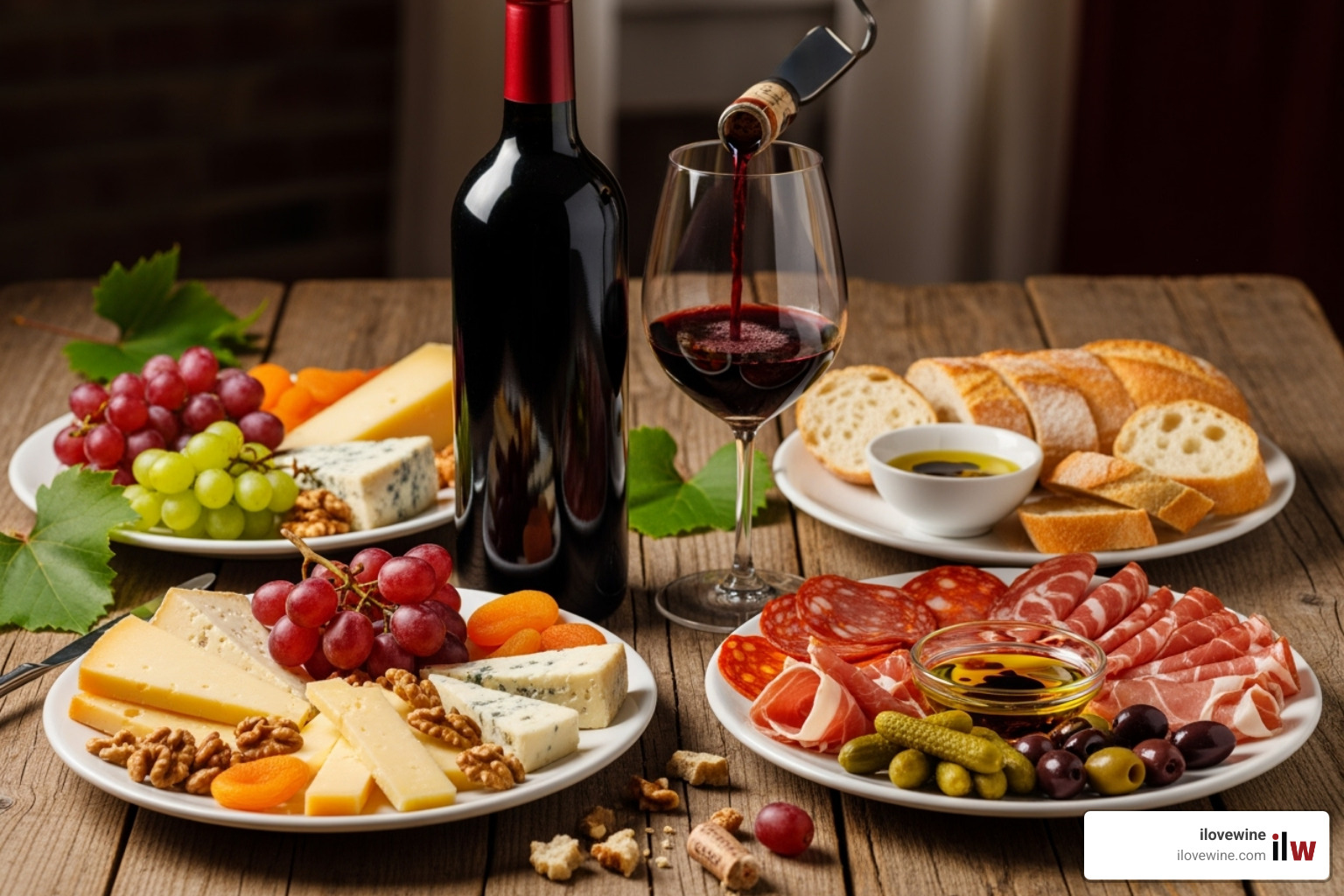 Image of a vibrant food and wine pairing on a rustic table. - California wine country