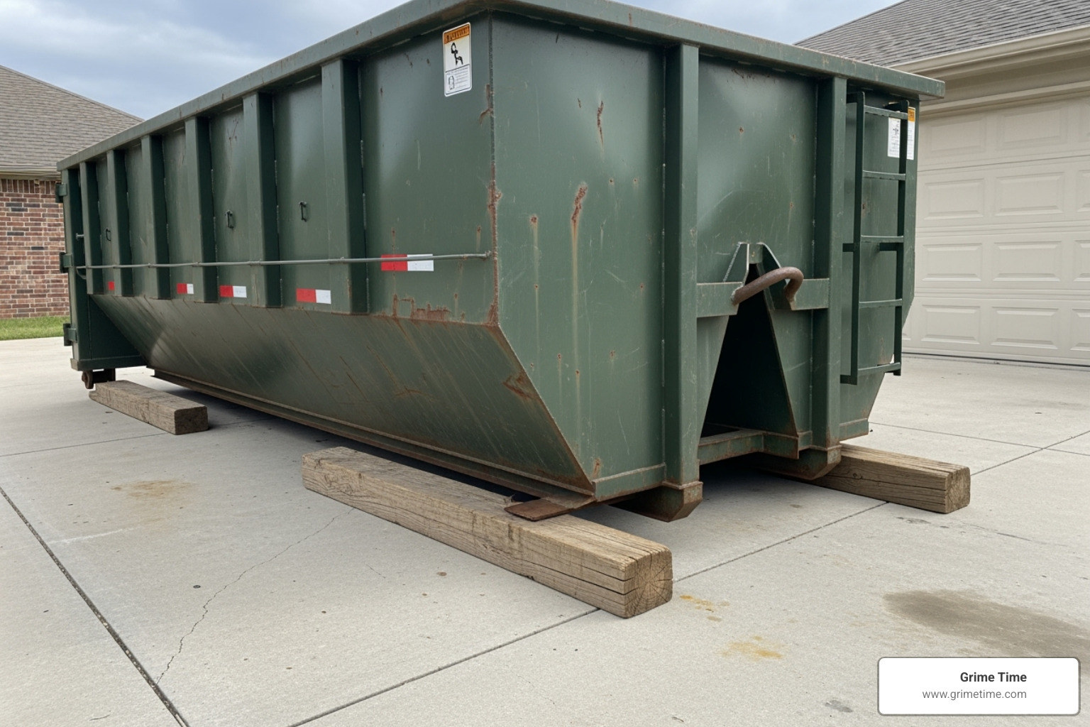Image of wood planks placed under a dumpster to protect a driveway - demo bin rental Image of wood planks placed under a dumpster to protect a driveway - demo bin rental