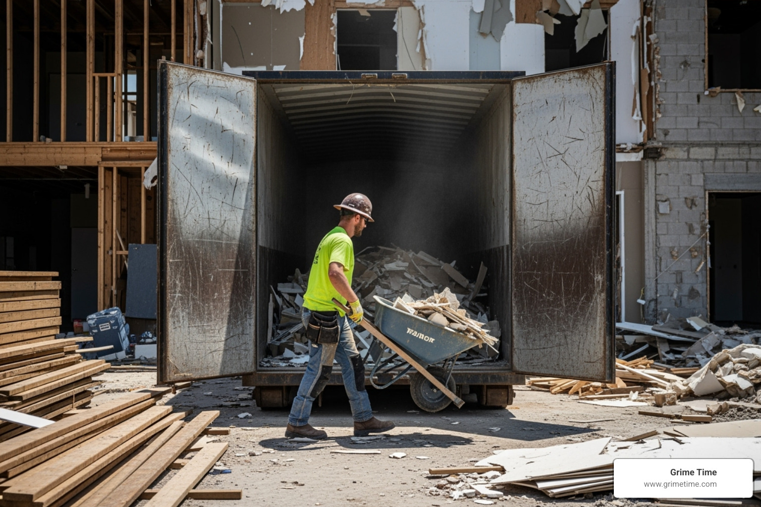 Image of a person easily walking debris into a bin with open double doors - demo bin rental Image of a person easily walking debris into a bin with open double doors - demo bin rental