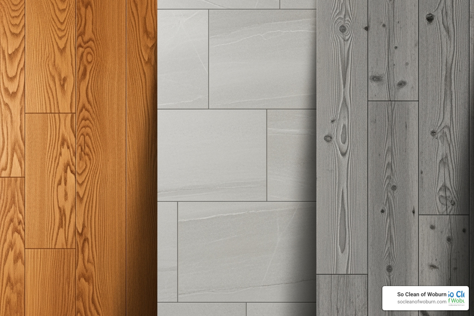 different types of floors (hardwood, tile, vinyl) side-by-side - plant based floor cleaner