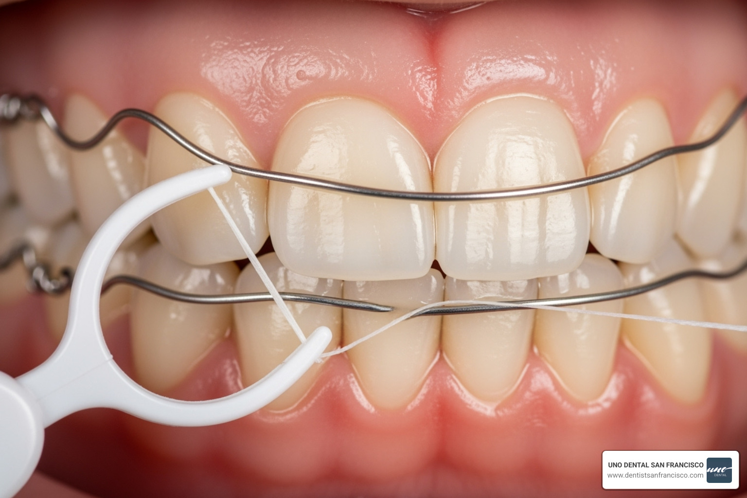 Image of proper flossing technique around a permanent retainer - teeth after braces