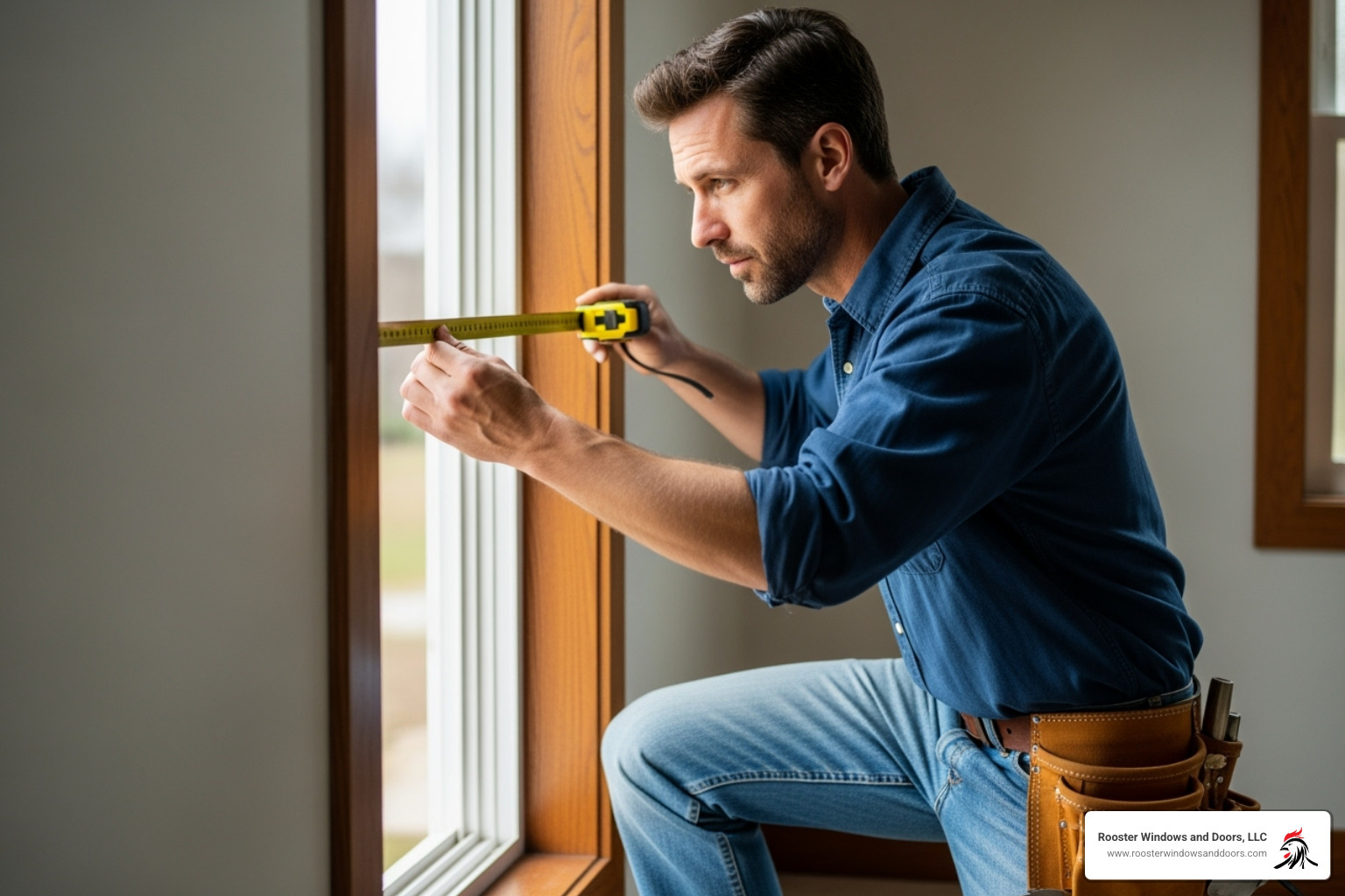 professional installer carefully measuring a window opening - window installation services