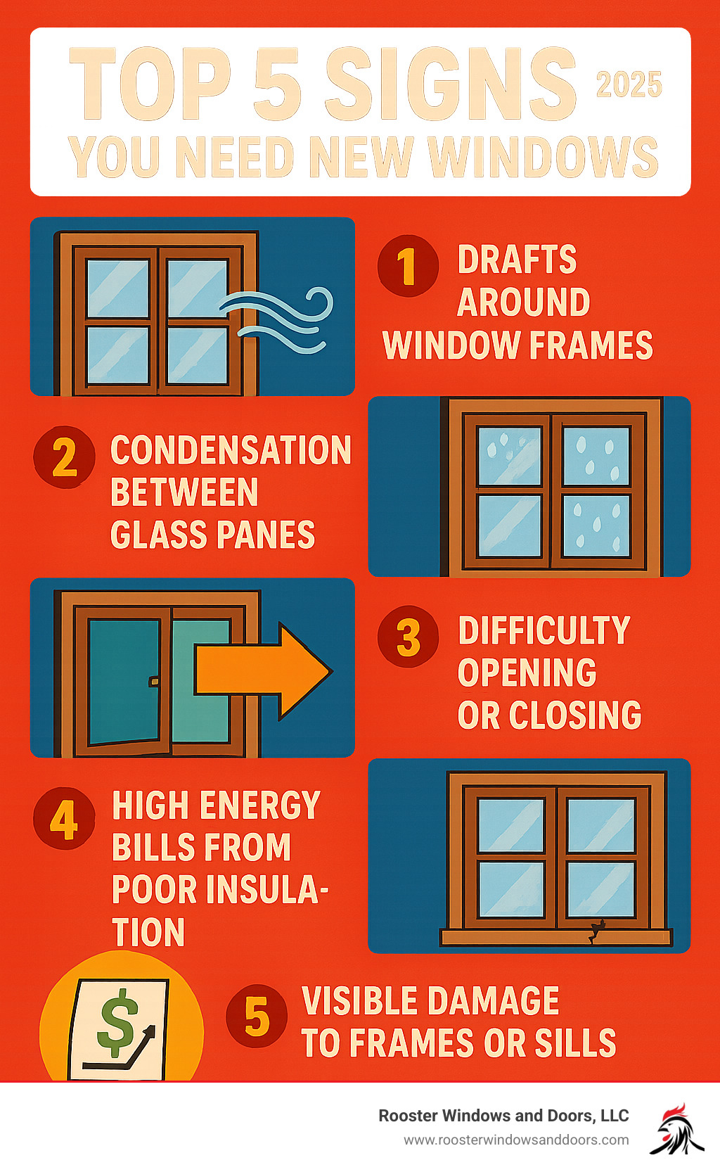 Infographic showing the top 5 signs you need new windows: 1) Drafts around window frames, 2) Condensation between glass panes, 3) Difficulty opening or closing windows, 4) High energy bills from poor insulation, 5) Visible damage to frames or sills - window installation services infographic 