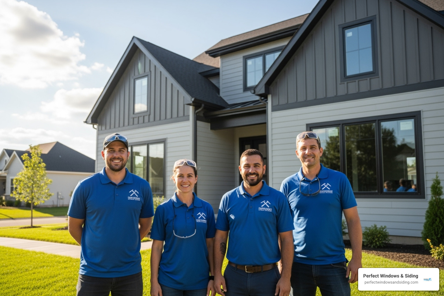 of the Perfect Windows & Siding team smiling in front of a completed local siding project. - cost to replace hardie siding