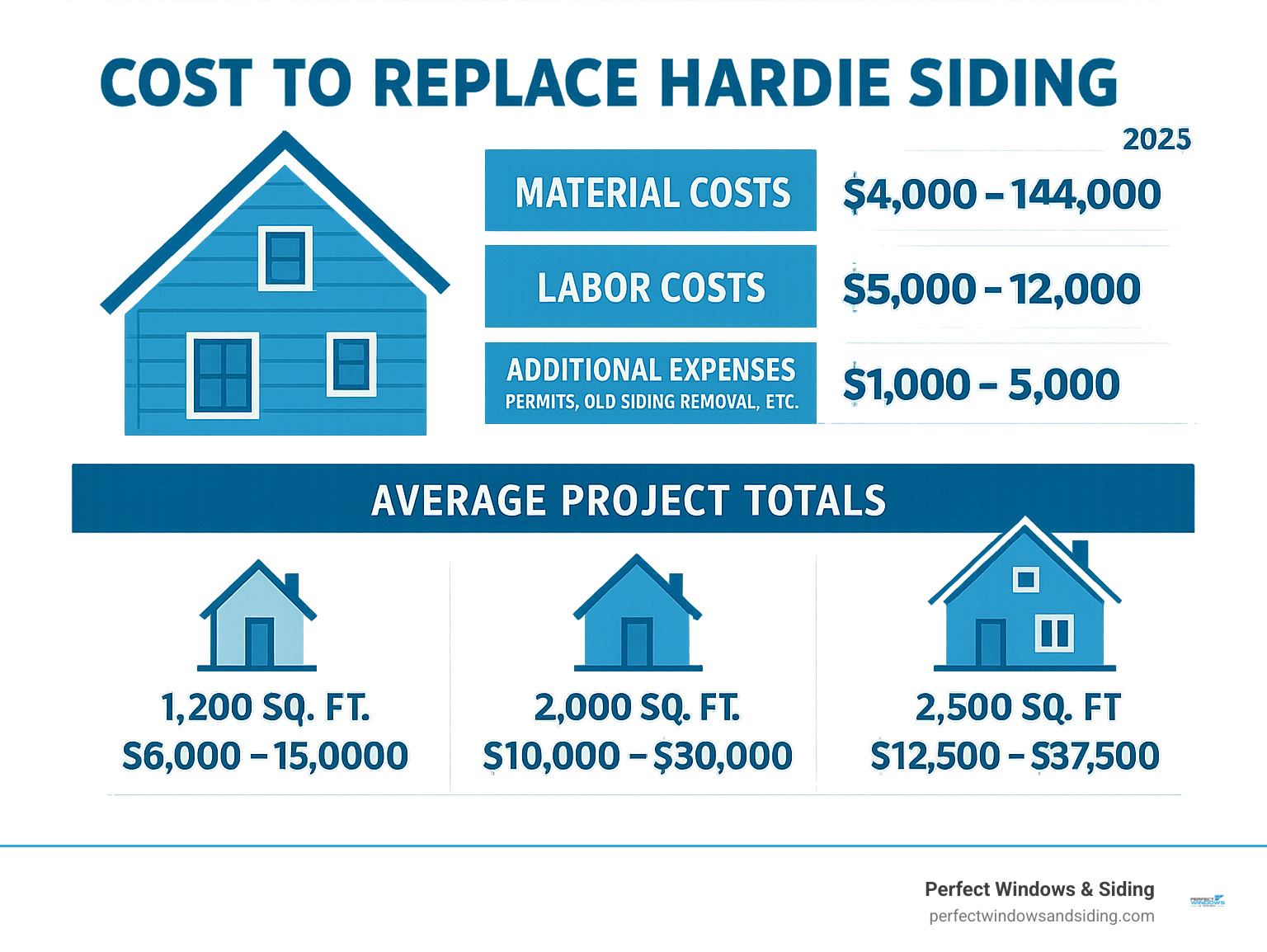 Detailed breakdown of Hardie siding replacement costs showing material costs, labor costs, additional expenses like permits and old siding removal, with average project totals for different home sizes - cost to replace hardie siding infographic 