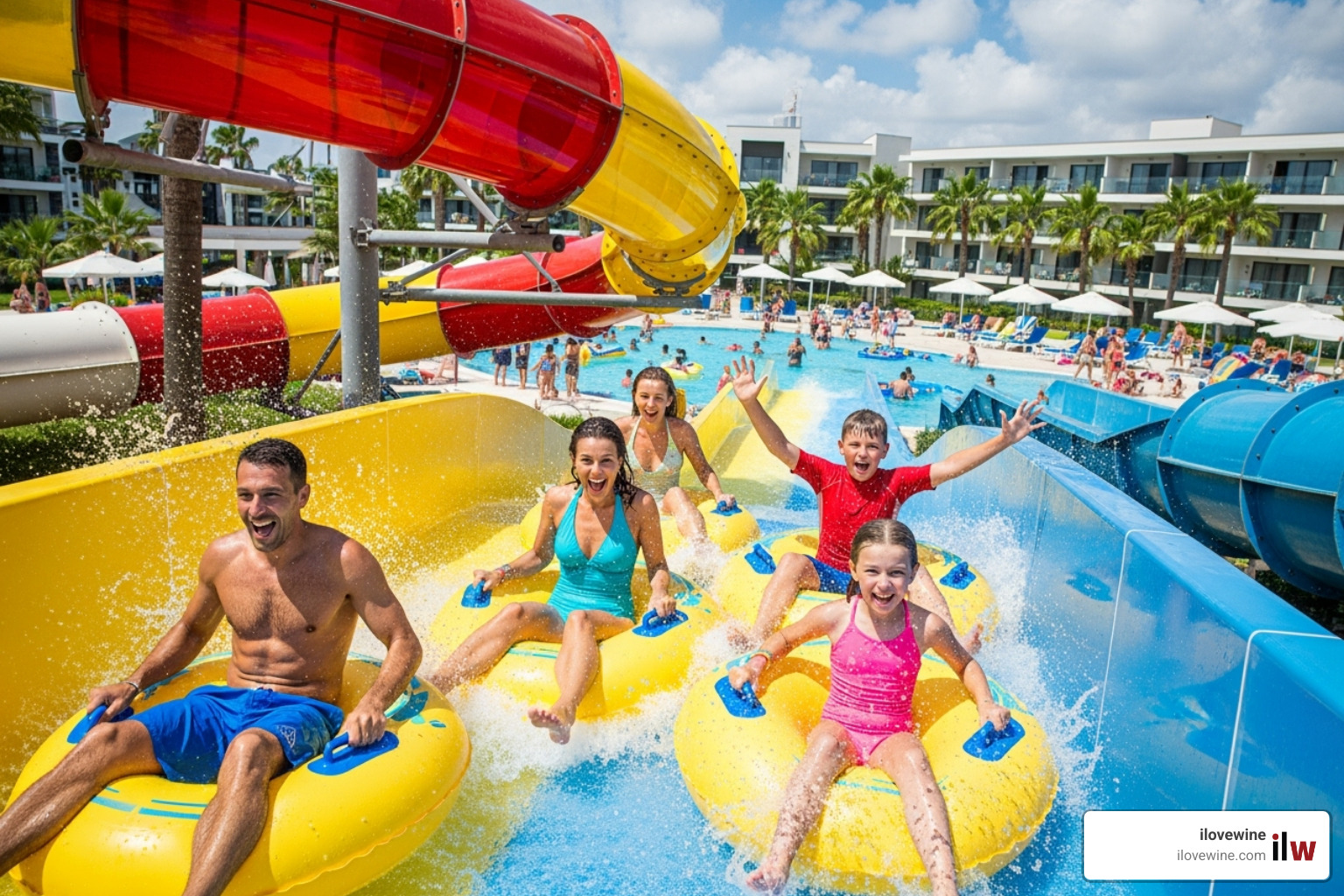 A happy family enjoying waterslides at a vibrant resort - resort A happy family enjoying waterslides at a vibrant resort - resort