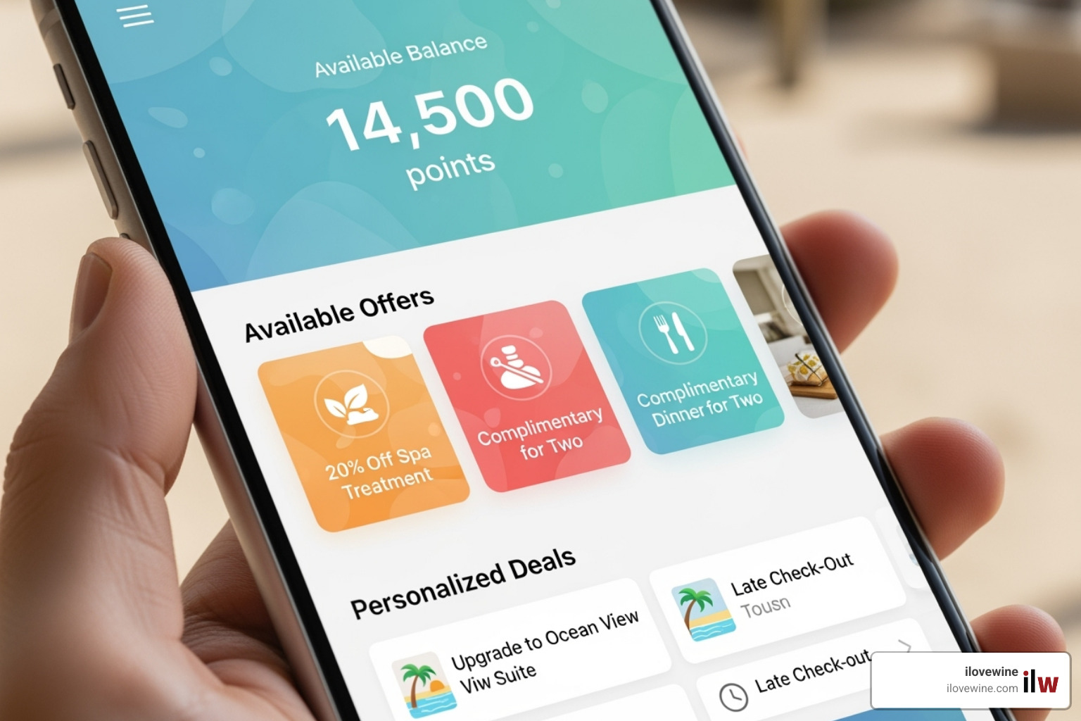 A smartphone displaying a resort loyalty app with points balance and exclusive offers - resort A smartphone displaying a resort loyalty app with points balance and exclusive offers - resort