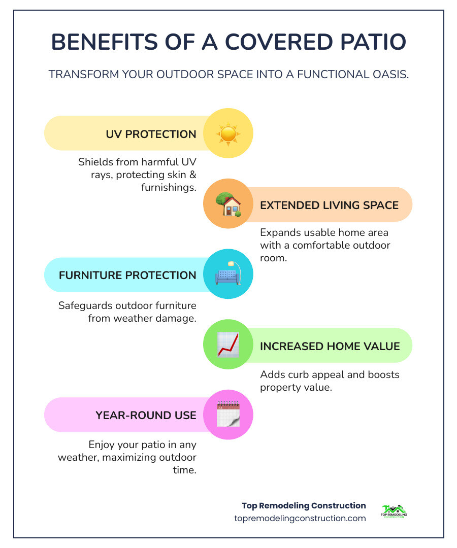 Infographic showing key benefits of patio covers including UV protection up to 100%, extended outdoor living space, furniture protection from weather damage, increased home value, and year-round usability - Patio cover ideas infographic infographic-line-5-steps-colors Infographic showing key benefits of patio covers including UV protection up to 100%, extended outdoor living space, furniture protection from weather damage, increased home value, and year-round usability - Patio cover ideas infographic infographic-line-5-steps-colors