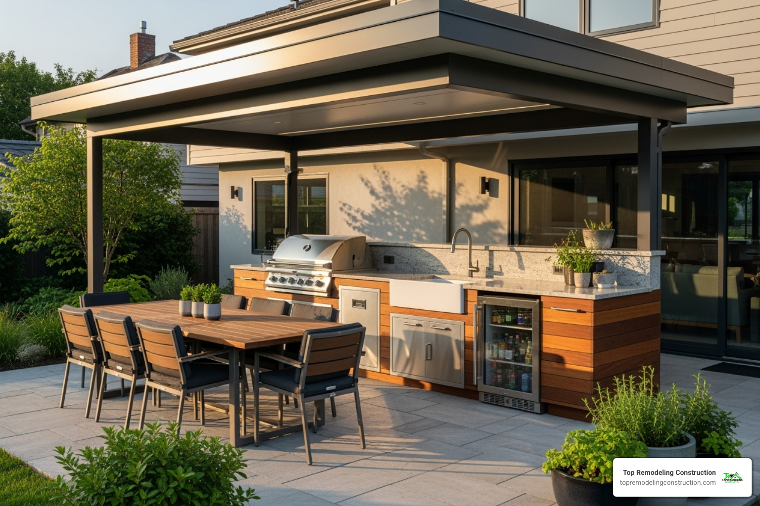 solid roof extension over a patio with an outdoor kitchen - Patio cover ideas solid roof extension over a patio with an outdoor kitchen - Patio cover ideas