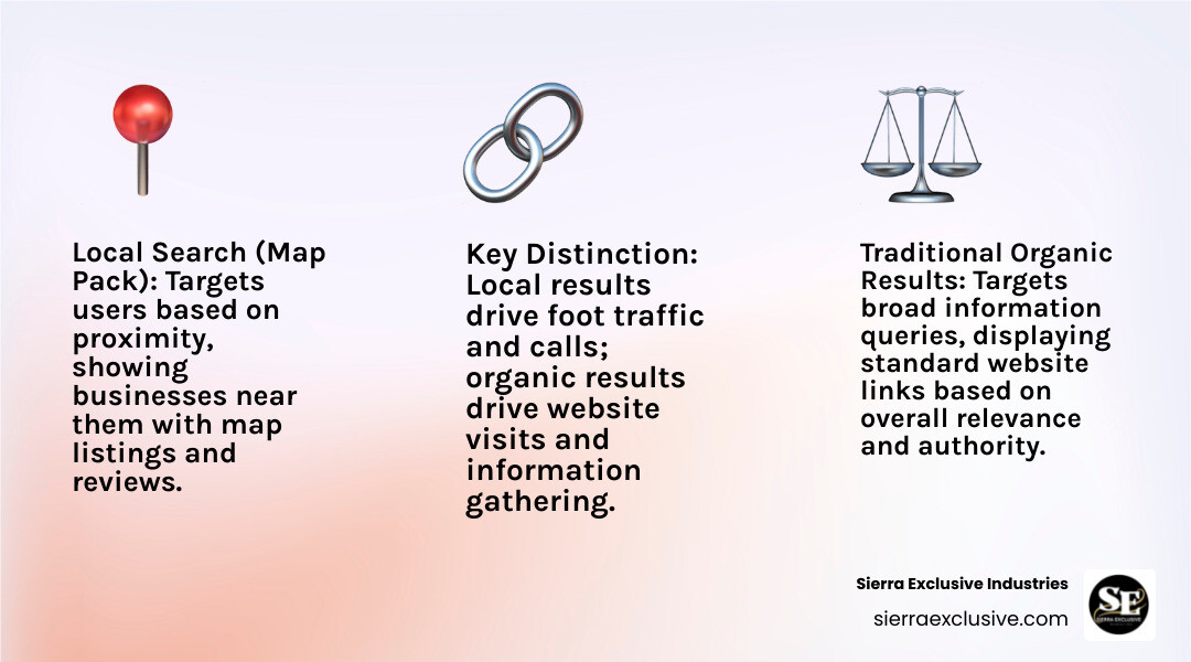 Infographic showing the difference between local search results featuring the Google Map Pack with 3 local business listings including business names, ratings, addresses, and phone numbers, versus traditional organic search results showing standard website links and descriptions below the map pack - how does local seo work infographic 3_facts_emoji_light-gradient