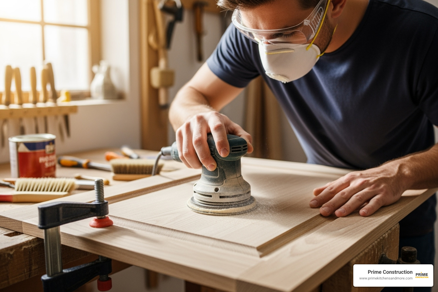 professional painter carefully sanding a cabinet door in a workshop - kitchen cabinet refinishing orlando fl