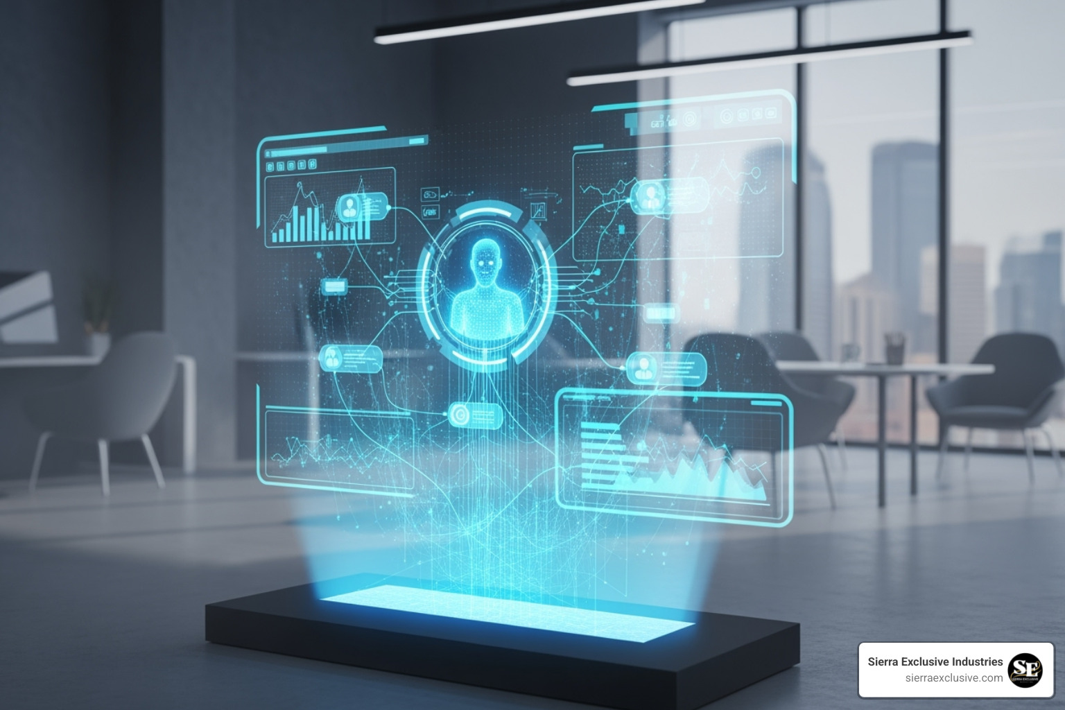 A futuristic AI agent interface managing complex business workflows - AI Automation