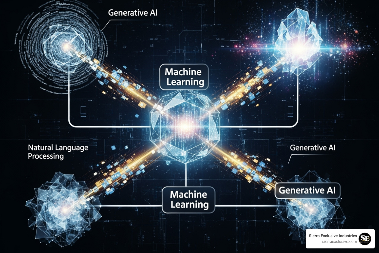 Interconnected technology nodes representing ML, NLP, and Generative AI - AI Automation