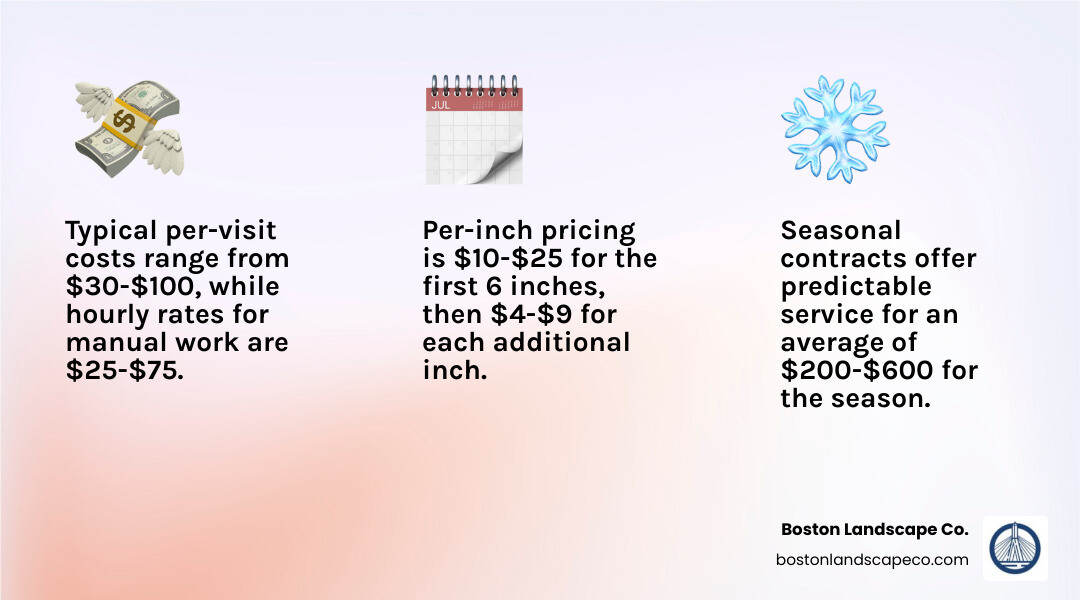 Infographic showing snow removal pricing breakdown: Per-visit costs ranging from $30-100, hourly rates of $25-75 for manual work and up to $180 for plowing, seasonal contracts from $200-600, and per-inch pricing of $10-25 for first 6 inches with $4-9 for additional inches - cost of snow removal infographic 3_facts_emoji_light-gradient