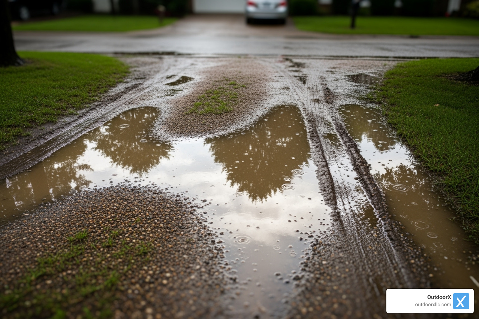 driveway with puddles and ruts - driveway grading companies near me