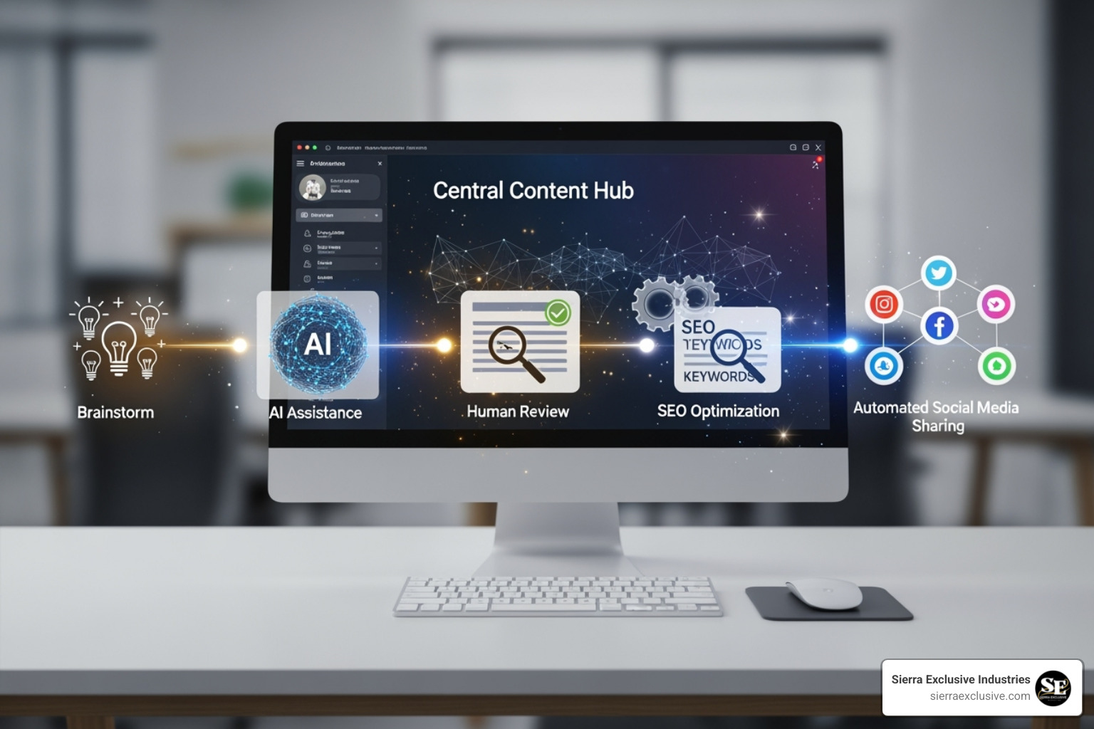 A workflow diagram illustrating the journey from content idea generation to publication, including AI assistance, human review, SEO optimization, and automated social media sharing - ai automated content creation