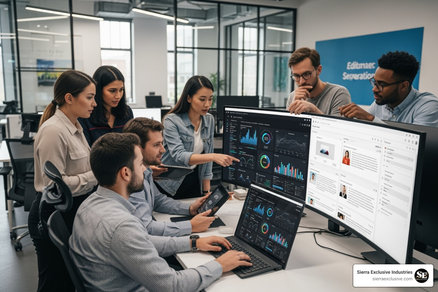 A Sierra Exclusive team collaborating around a screen displaying AI analytics and content generation tools, symbolizing the human-AI partnership in content strategy - ai automated content creation