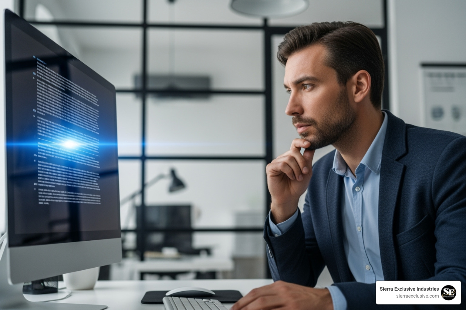 A Sierra Exclusive strategist reviewing AI-generated text on a computer screen, ensuring accuracy and brand alignment - ai automated content creation