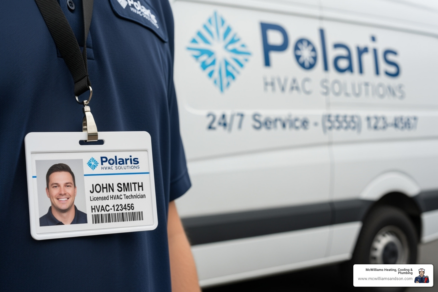 a licensed technician's ID badge and a company van with official branding - Air Conditioning Repair a licensed technician's ID badge and a company van with official branding - Air Conditioning Repair