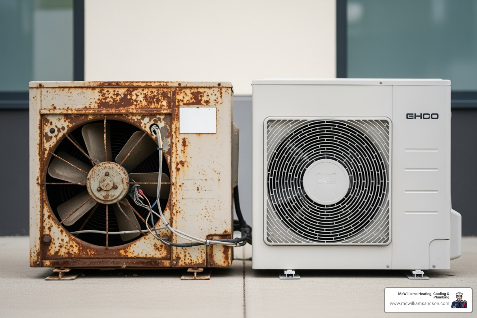 an old, inefficient AC unit contrasted with a modern, energy-efficient one - Air Conditioning Repair an old, inefficient AC unit contrasted with a modern, energy-efficient one - Air Conditioning Repair