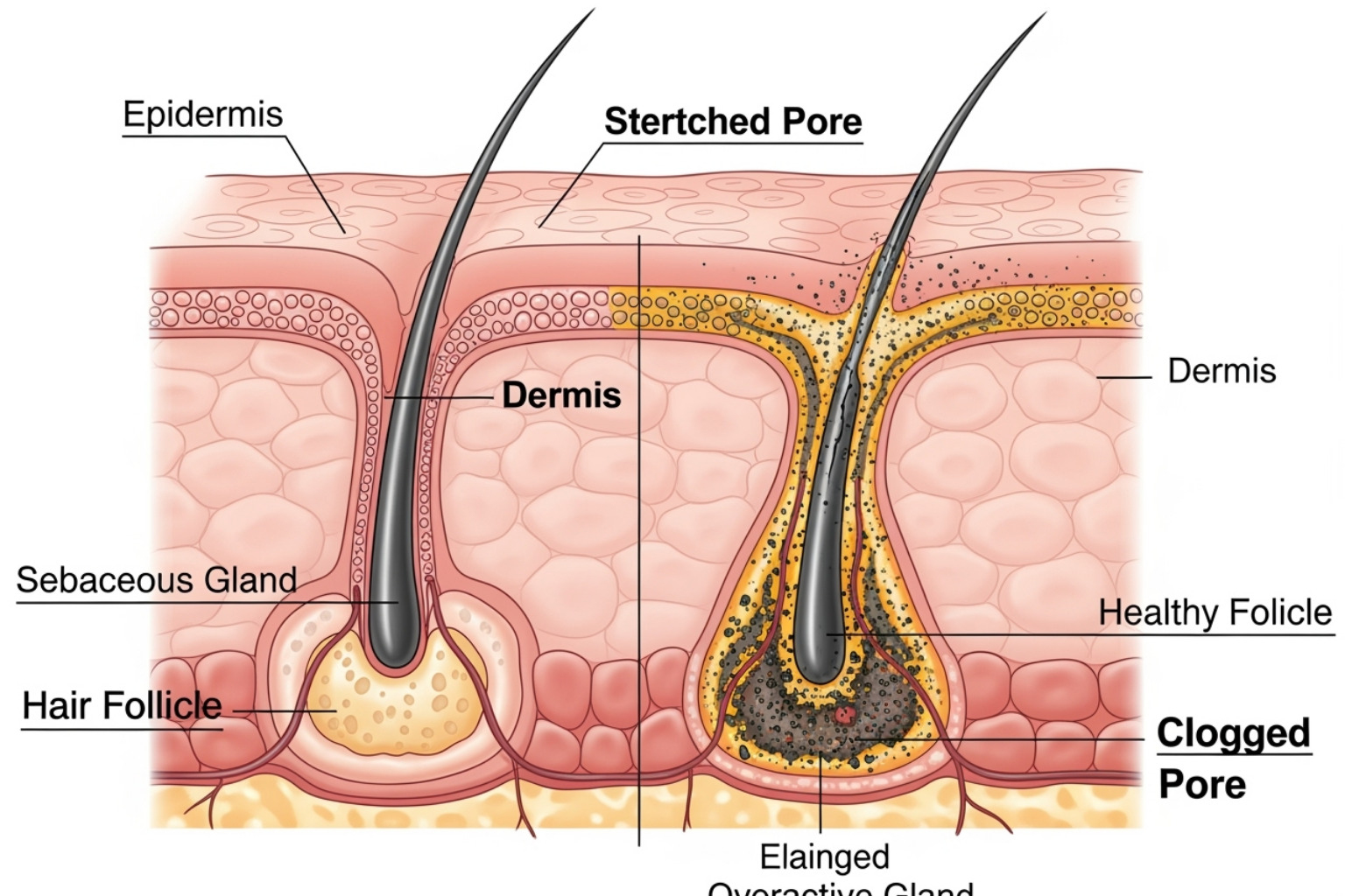 Illustration showing a clear, healthy pore next to a clogged, stretched pore with debris and oil - what shrinks pores on face