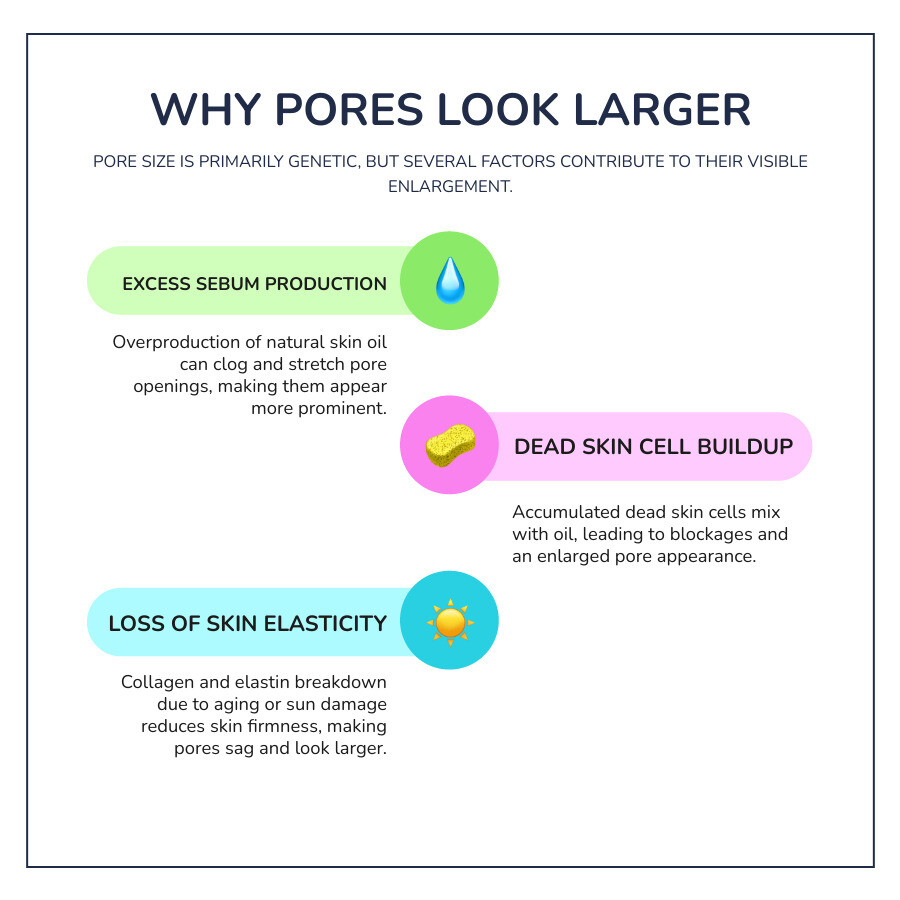 Detailed infographic showing pore anatomy with labels for sebaceous gland, hair follicle, and factors that make pores appear larger including oil buildup, dead skin cells, and loss of skin elasticity - what shrinks pores on face infographic infographic-line-3-steps-colors