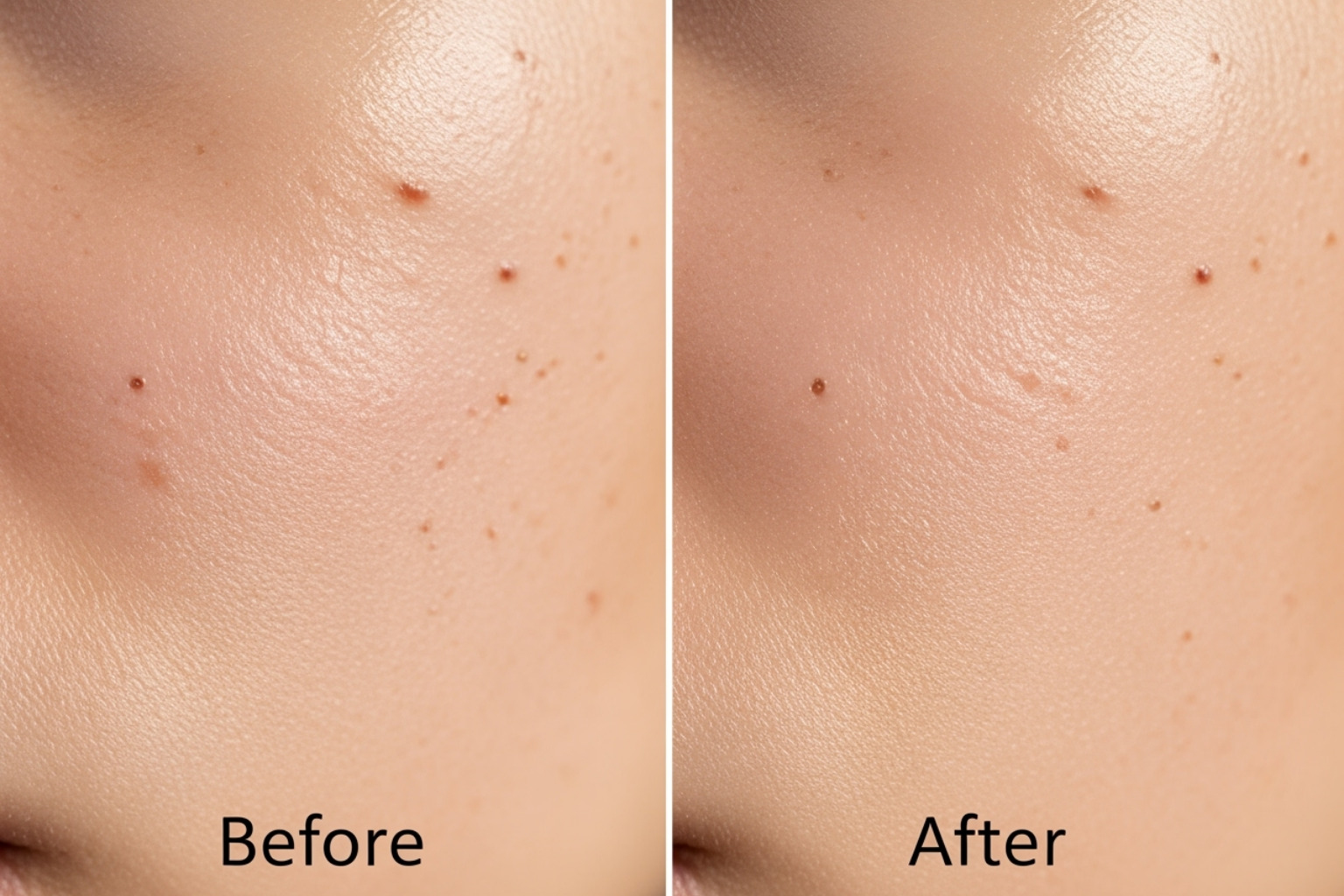 Realistic before-and-after image showing a subtle but noticeable reduction in the appearance of pore size, not complete disappearance - what shrinks pores on face