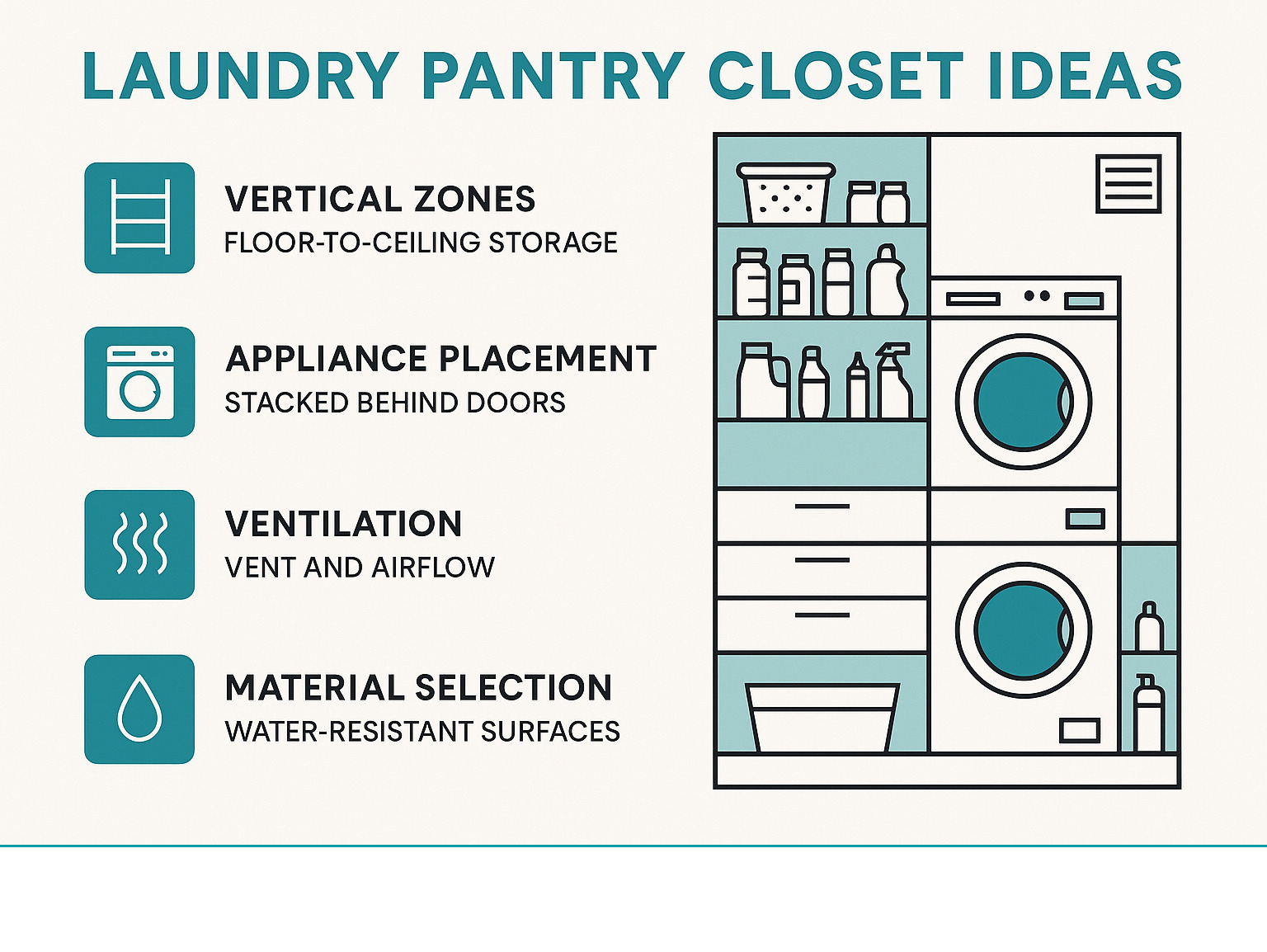 Comprehensive breakdown of laundry pantry closet design principles showing vertical storage zones, appliance placement, ventilation requirements, and material selection for optimal functionality and hygiene - laundry pantry closet ideas infographic 