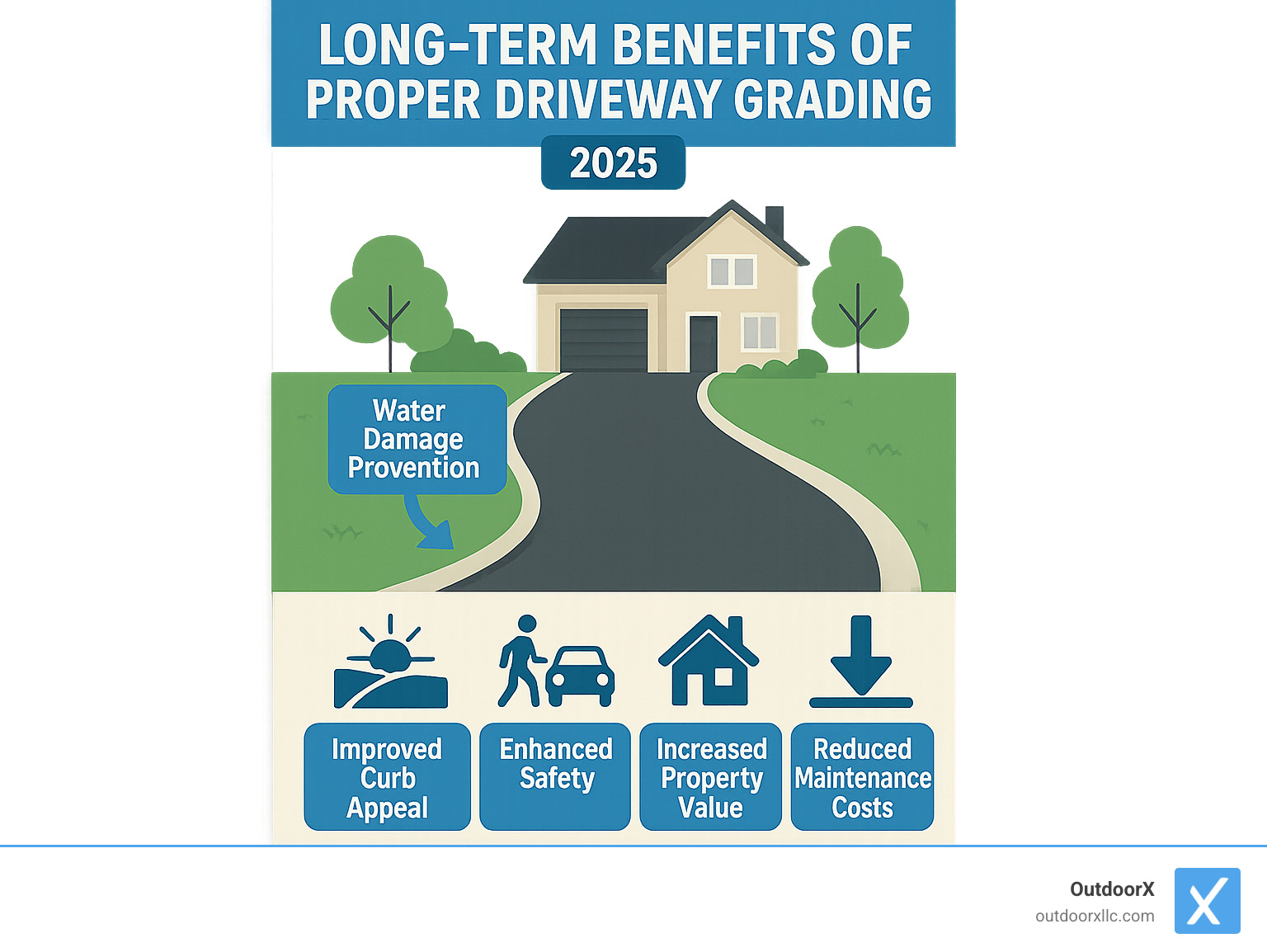 Infographic showing the long-term benefits of proper driveway grading including water damage prevention, improved curb appeal, improved safety for pedestrians and vehicles, increased property value, and reduced maintenance costs over time - driveway grading companies near me infographic 