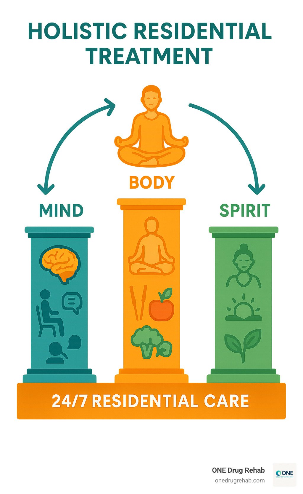 Infographic showing the three interconnected pillars of holistic residential treatment: Mind (represented by a brain with therapy and counseling icons), Body (shown with yoga poses, acupuncture needles, and healthy food), and Spirit (depicted with meditation symbols and nature elements). Arrows connect all three pillars showing their interdependence, with "24/7 Residential Care" as the foundation supporting all three pillars. - holistic residential treatment infographic Infographic showing the three interconnected pillars of holistic residential treatment: Mind (represented by a brain with therapy and counseling icons), Body (shown with yoga poses, acupuncture needles, and healthy food), and Spirit (depicted with meditation symbols and nature elements). Arrows connect all three pillars showing their interdependence, with "24/7 Residential Care" as the foundation supporting all three pillars. - holistic residential treatment infographic