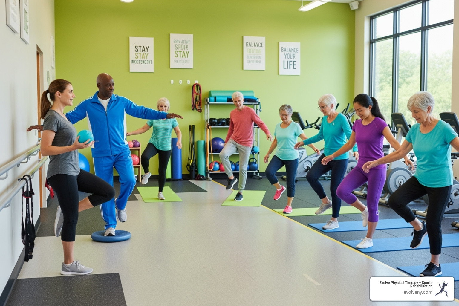 senior participating in balance class - how does physical therapy deal with movement and mobility