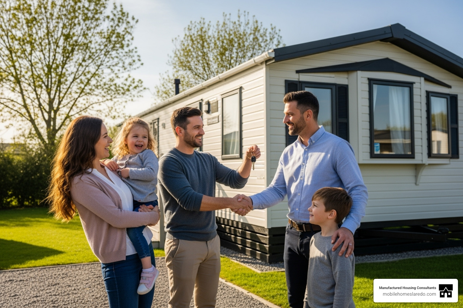 A happy family receiving the keys to their new mobile home, with a salesperson smiling nearby - where can i buy a brand new mobile home A happy family receiving the keys to their new mobile home, with a salesperson smiling nearby - where can i buy a brand new mobile home