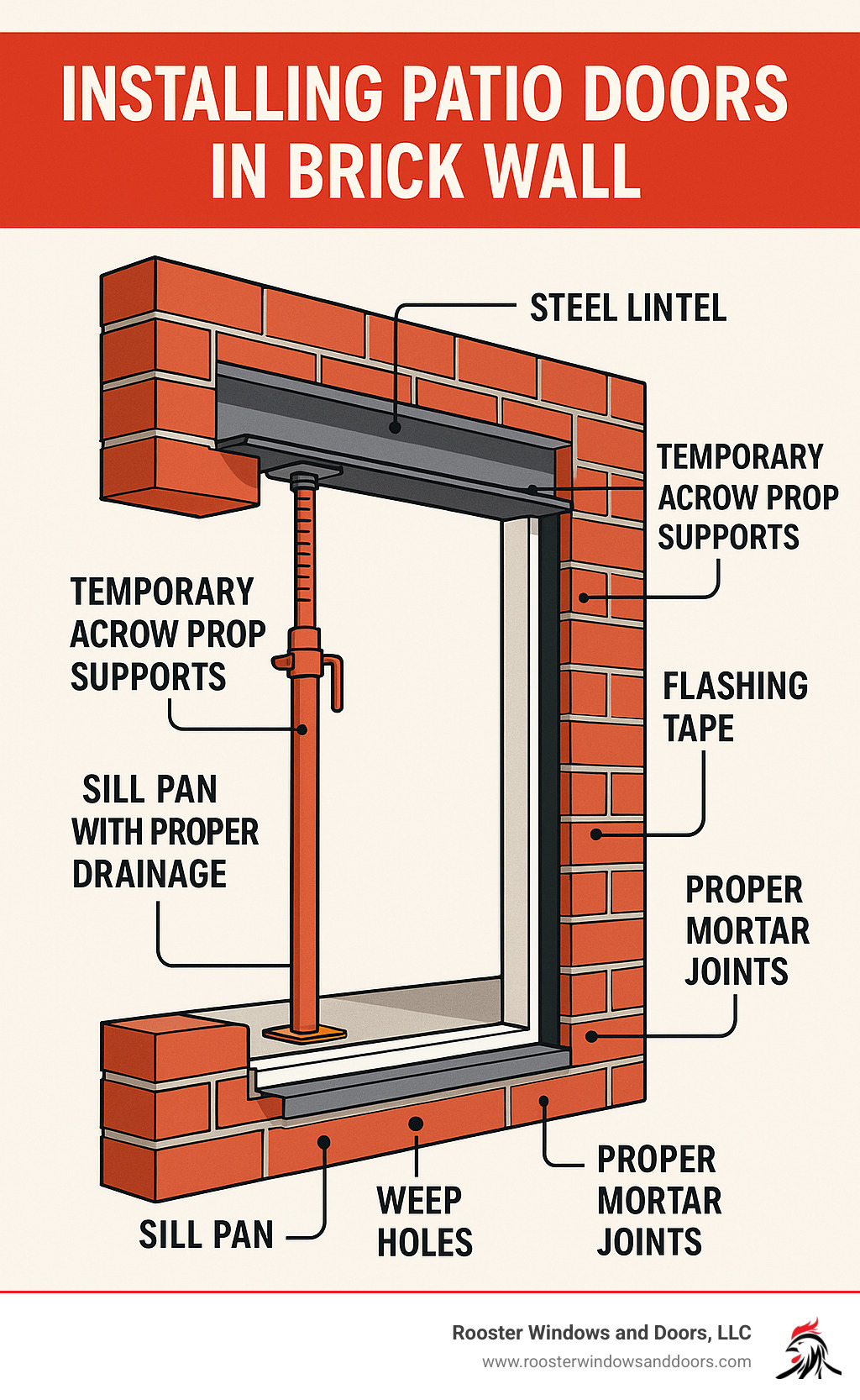Detailed cross-section diagram showing essential components for installing patio doors in brick wall: steel lintel bearing on solid masonry, temporary acrowprop supports, sill pan with proper drainage, flashing tape integration, weep holes for moisture escape, and proper mortar joints - installing patio doors in brick wall infographic 