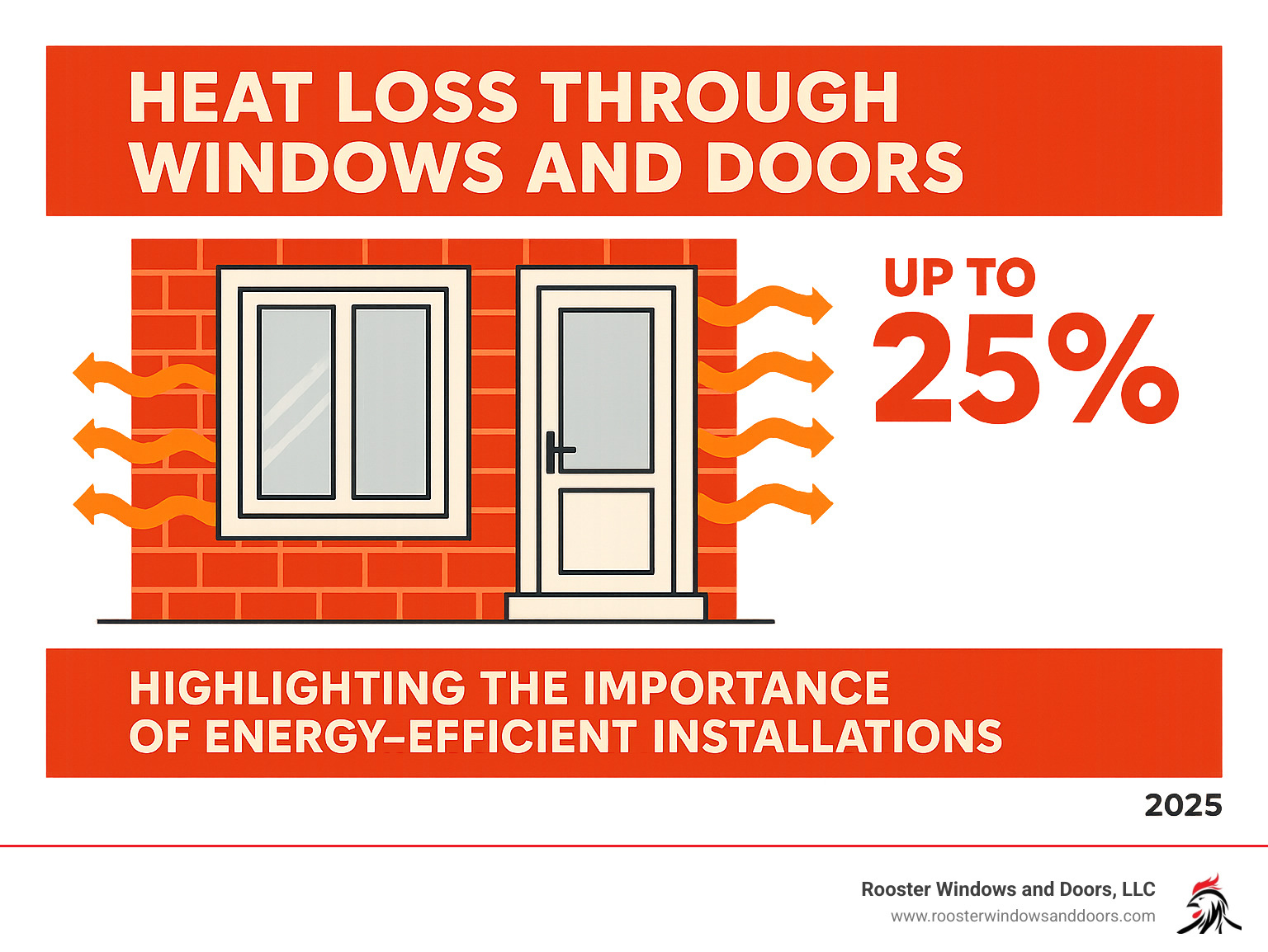Infographic showing that up to 25% of heat can escape through windows and doors, highlighting the importance of energy-efficient installations - installing patio doors in brick wall infographic 