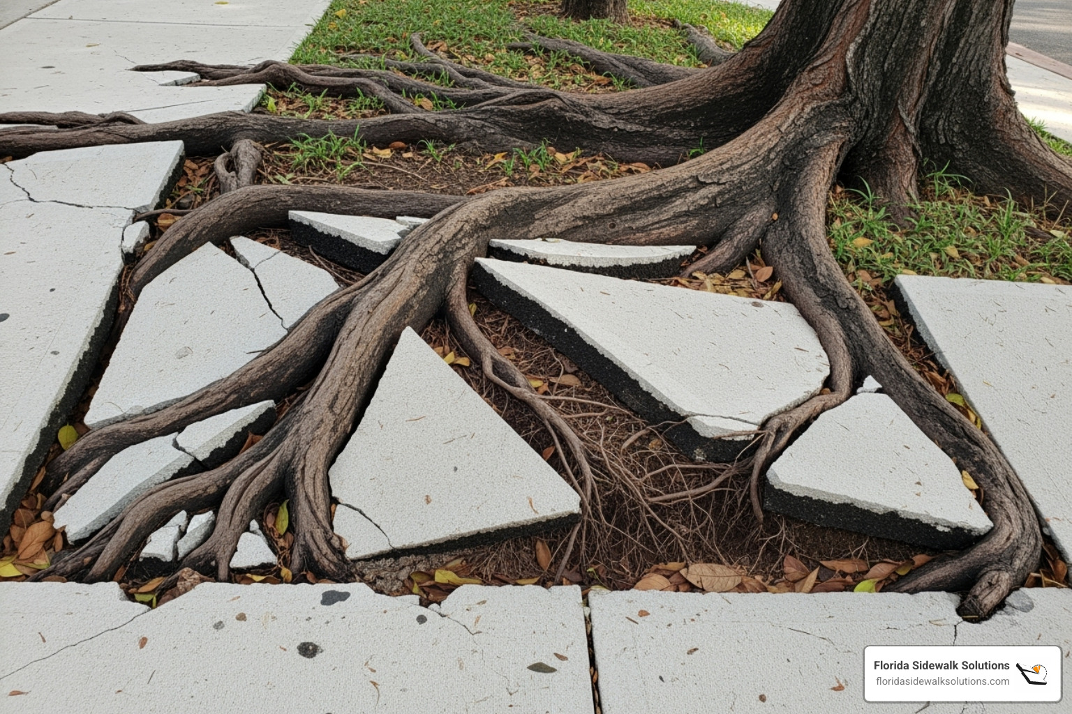 large tree root system uplifting a sidewalk panel - Sidewalk trip hazard repair