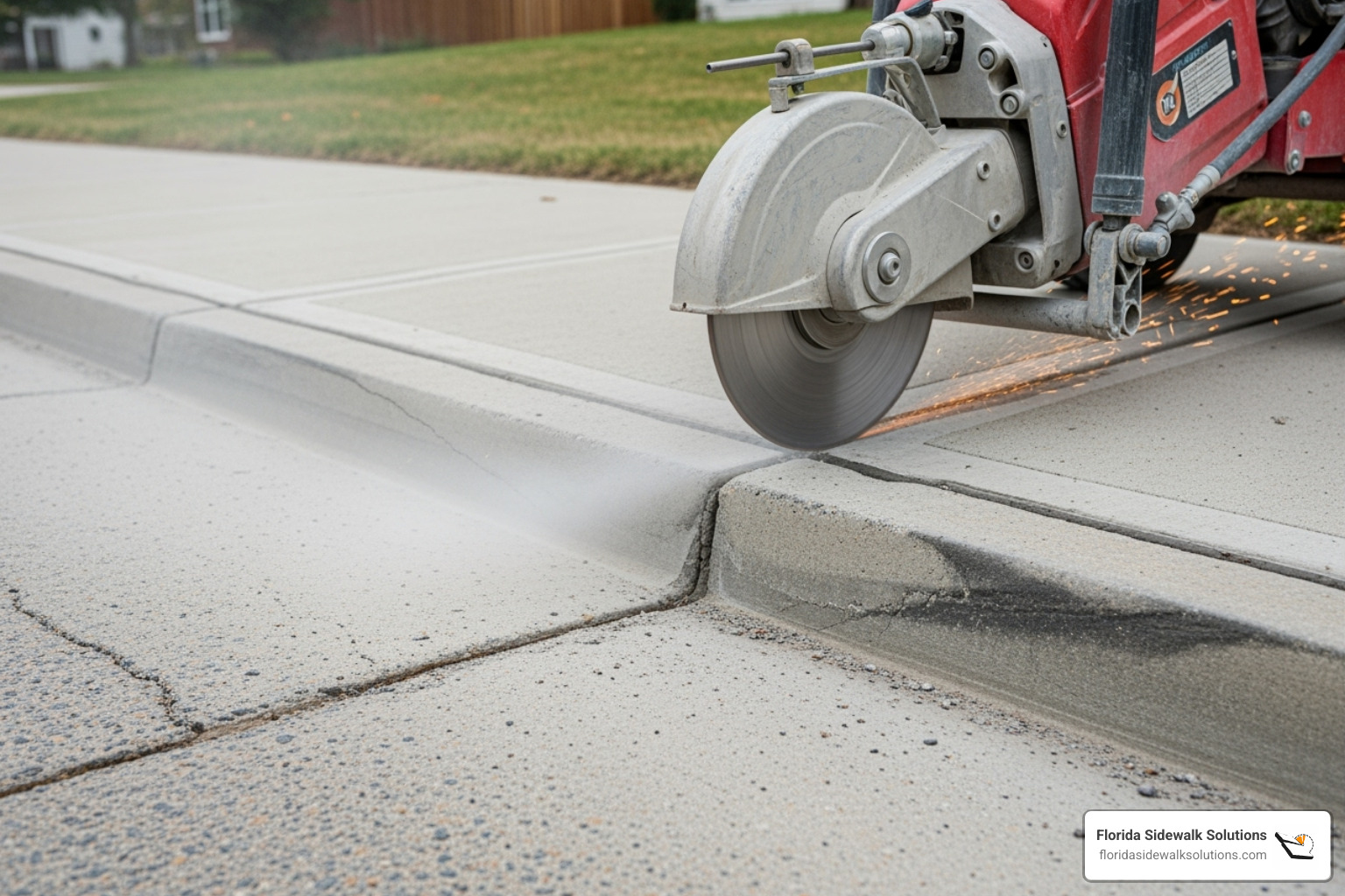 specialized concrete cutting machine creating a smooth, beveled edge on a sidewalk - Sidewalk trip hazard repair