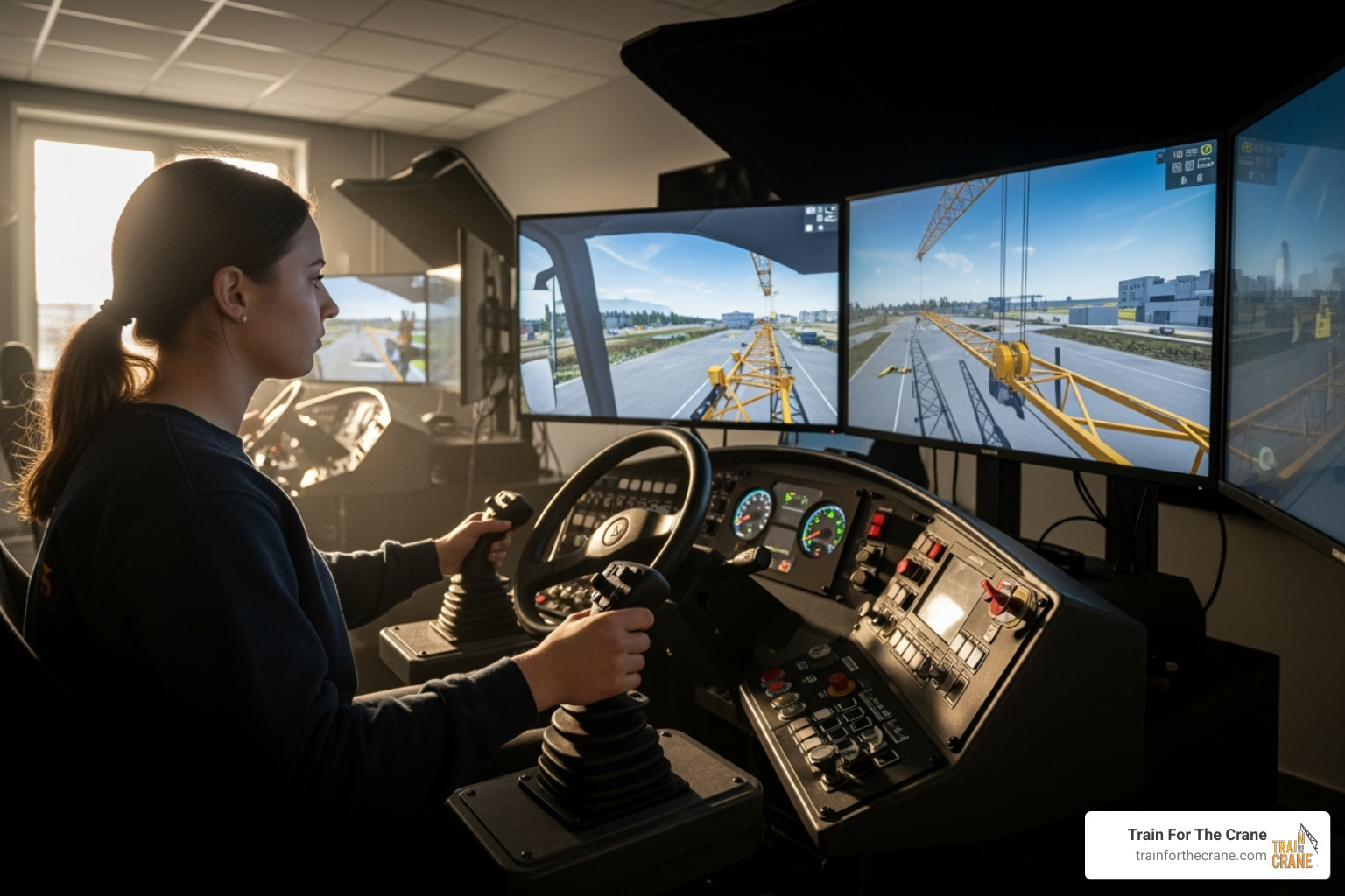 a student practicing on a crane simulator - crane operator jobs