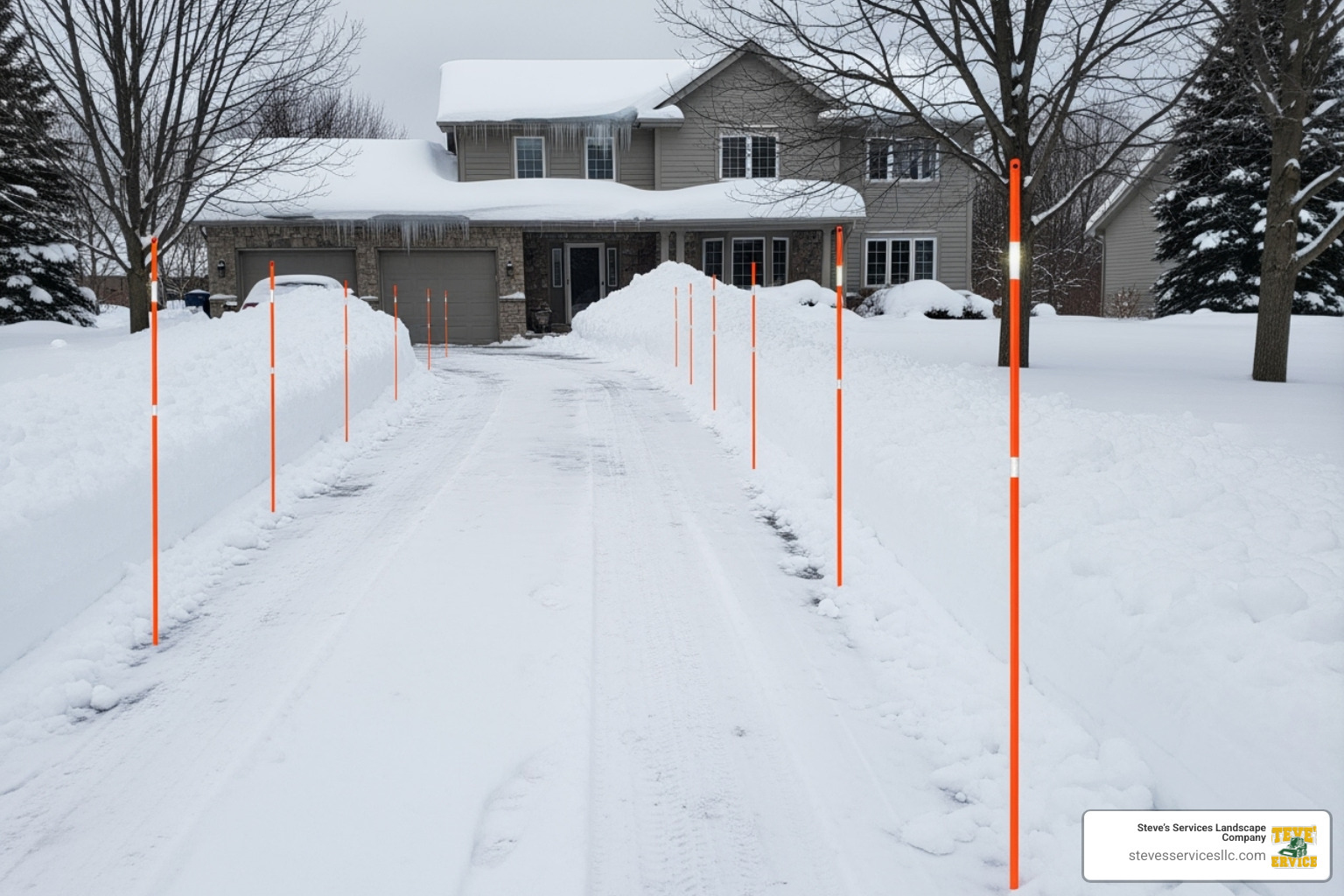 snow stakes marking the edge of a driveway - snow removal and lawn care