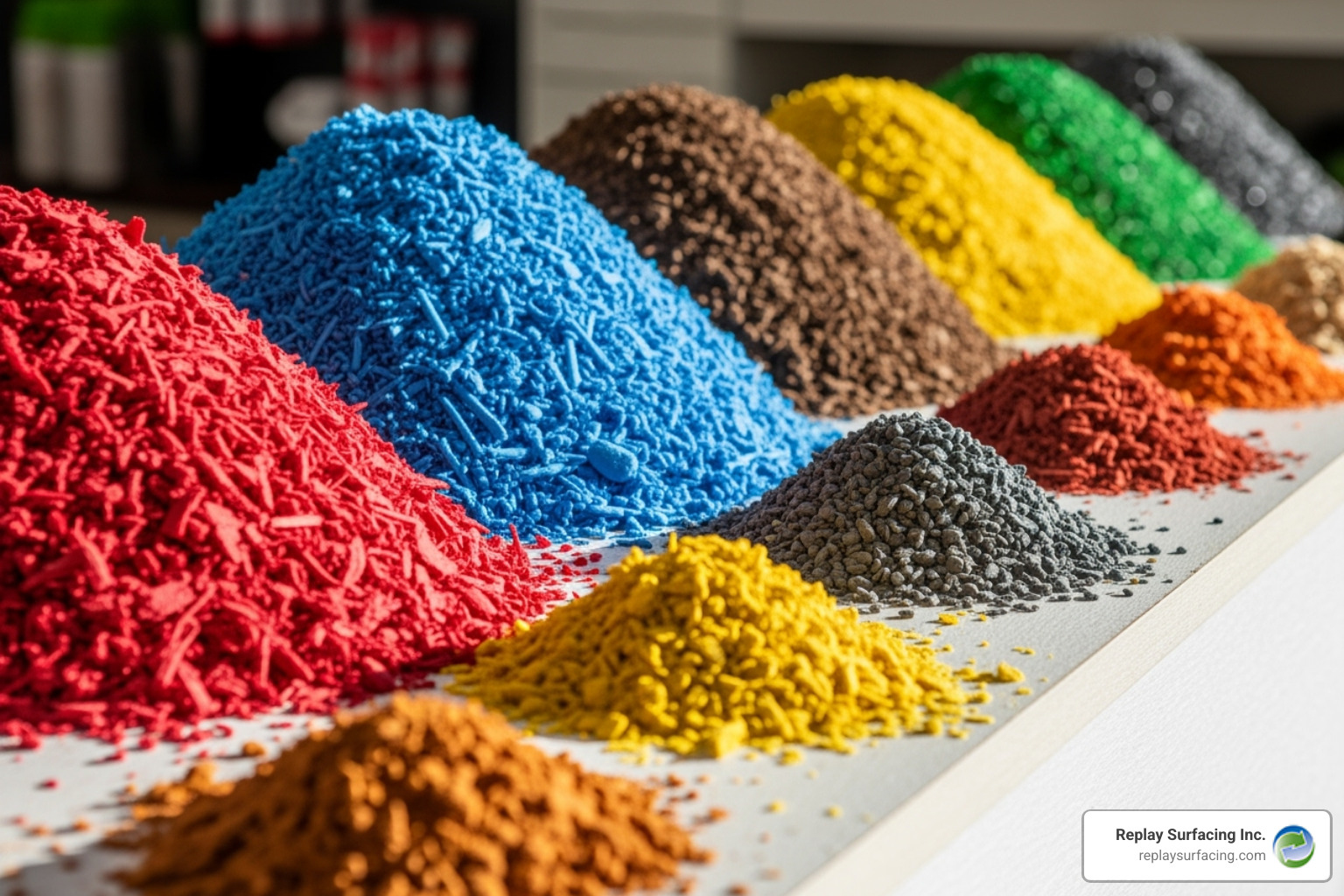 Different color options for rubber mulch laid out in samples, available in Replay Surfacing Inc.'s service areas, showcasing vibrant reds, blues, browns, and greens - rubber mulch charlotte nc