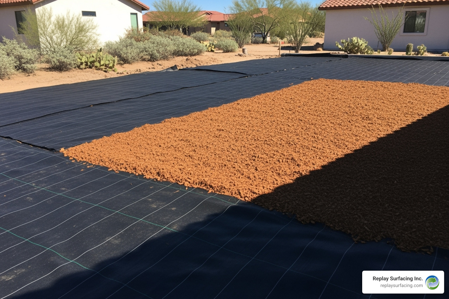 Proper installation showing depth and a weed barrier, completed by Replay Surfacing Inc. in a local play yard in Tucson, AZ, ensuring optimal safety and longevity - rubber mulch charlotte nc