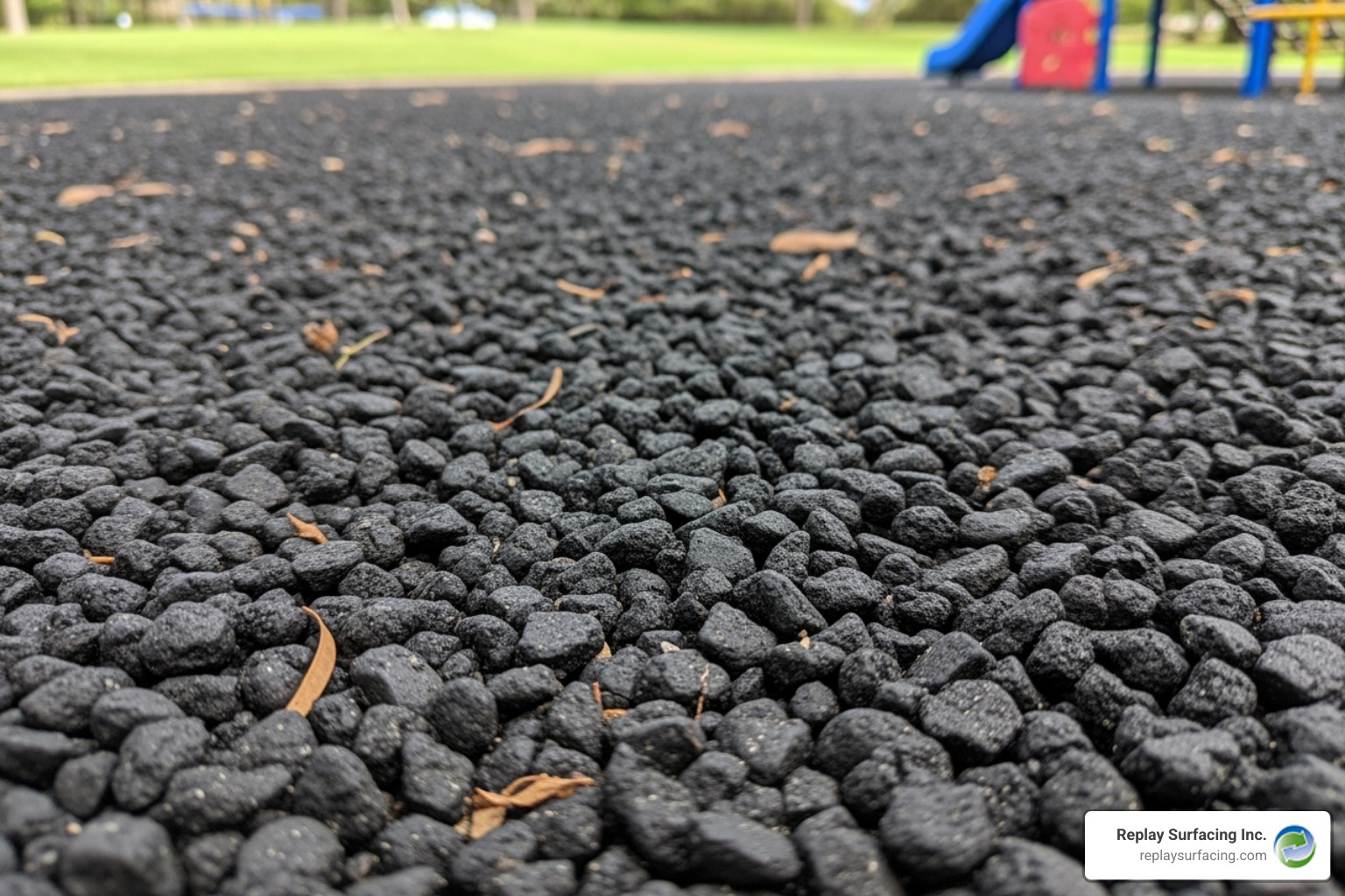 Close-up shot showing the texture and cushioning of rubber mulch nuggets installed by Replay Surfacing Inc. in a local community park in Raleigh, NC - rubber mulch charlotte nc